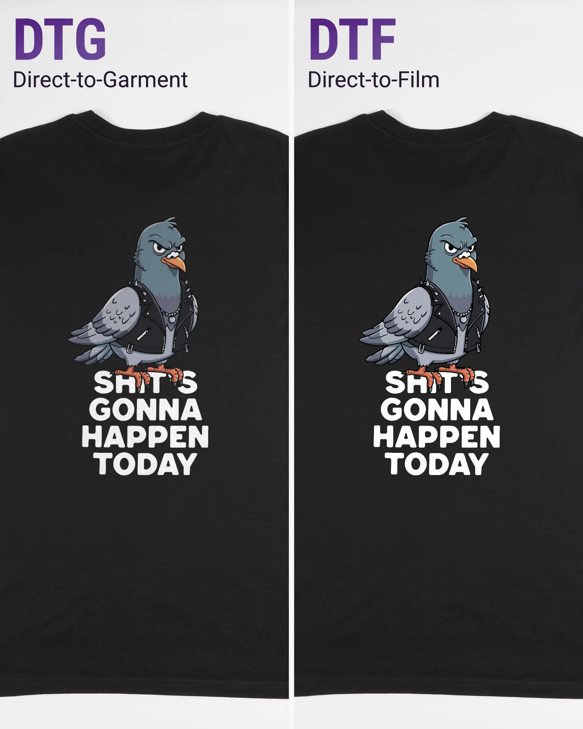 Vergleich der Rückseiten des Organic Unisex T-Shirt Casual von Maondo mit dem Design Pigeon Pun in der Farbe Black und in der Größe L links mit dem Direct-to-Garment und rechts mit dem Direct-to-Film Verfahren