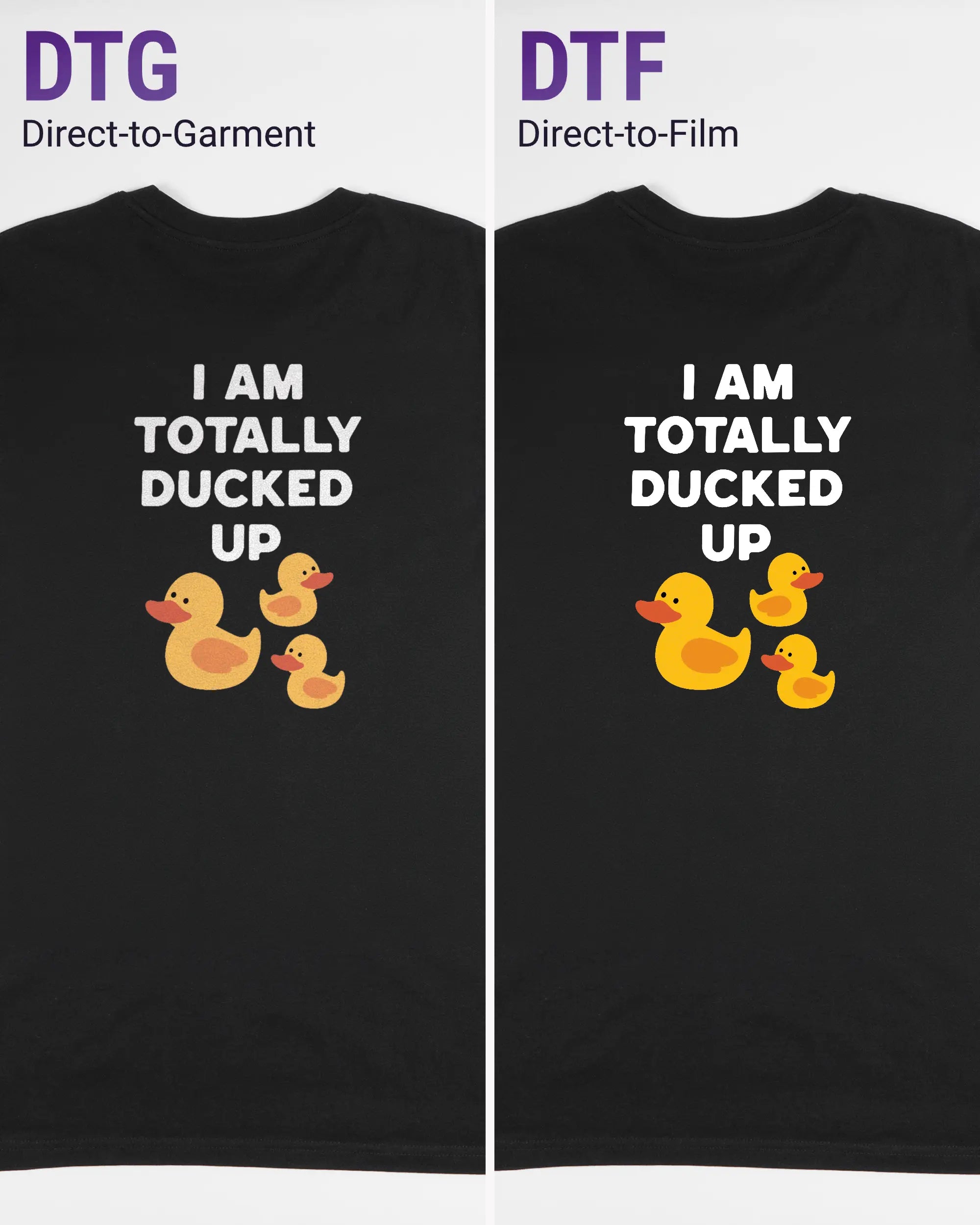 Vergleich der Rückseiten des Organic Unisex T-Shirt Casual von Maondo mit dem Design Ducked Up in der Farbe Black und in der Größe L links mit dem Direct-to-Garment und rechts mit dem Direct-to-Film Verfahren