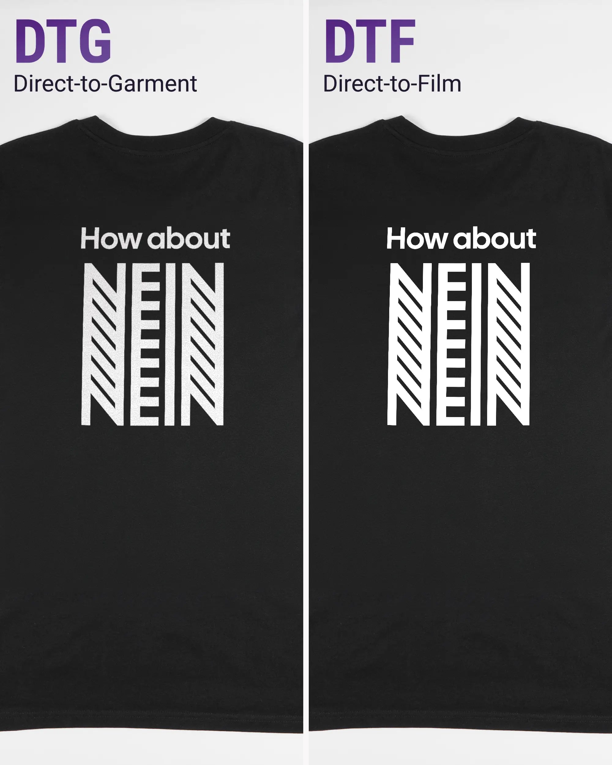 Vergleich der Rückseiten des Organic Unisex T-Shirt Casual von Maondo mit dem Design How about nein in der Farbe Black und in der Größe L links mit dem Direct-to-Garment und rechts mit dem Direct-to-Film Verfahren