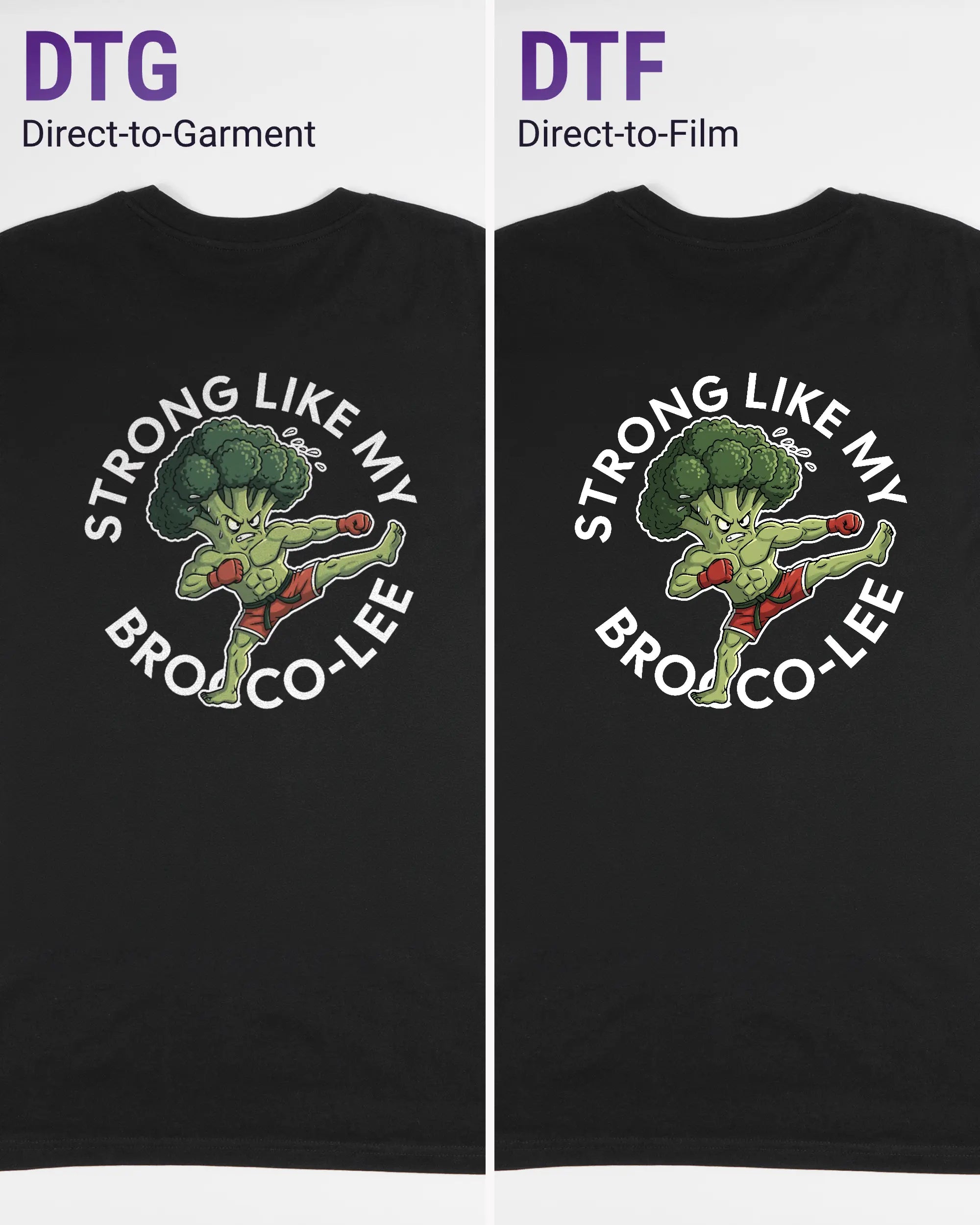 Vergleich der Rückseiten des Organic Unisex T-Shirt Casual von Maondo mit dem Design Brocco-Lee in der Farbe Black und in der Größe L links mit dem Direct-to-Garment und rechts mit dem Direct-to-Film Verfahren