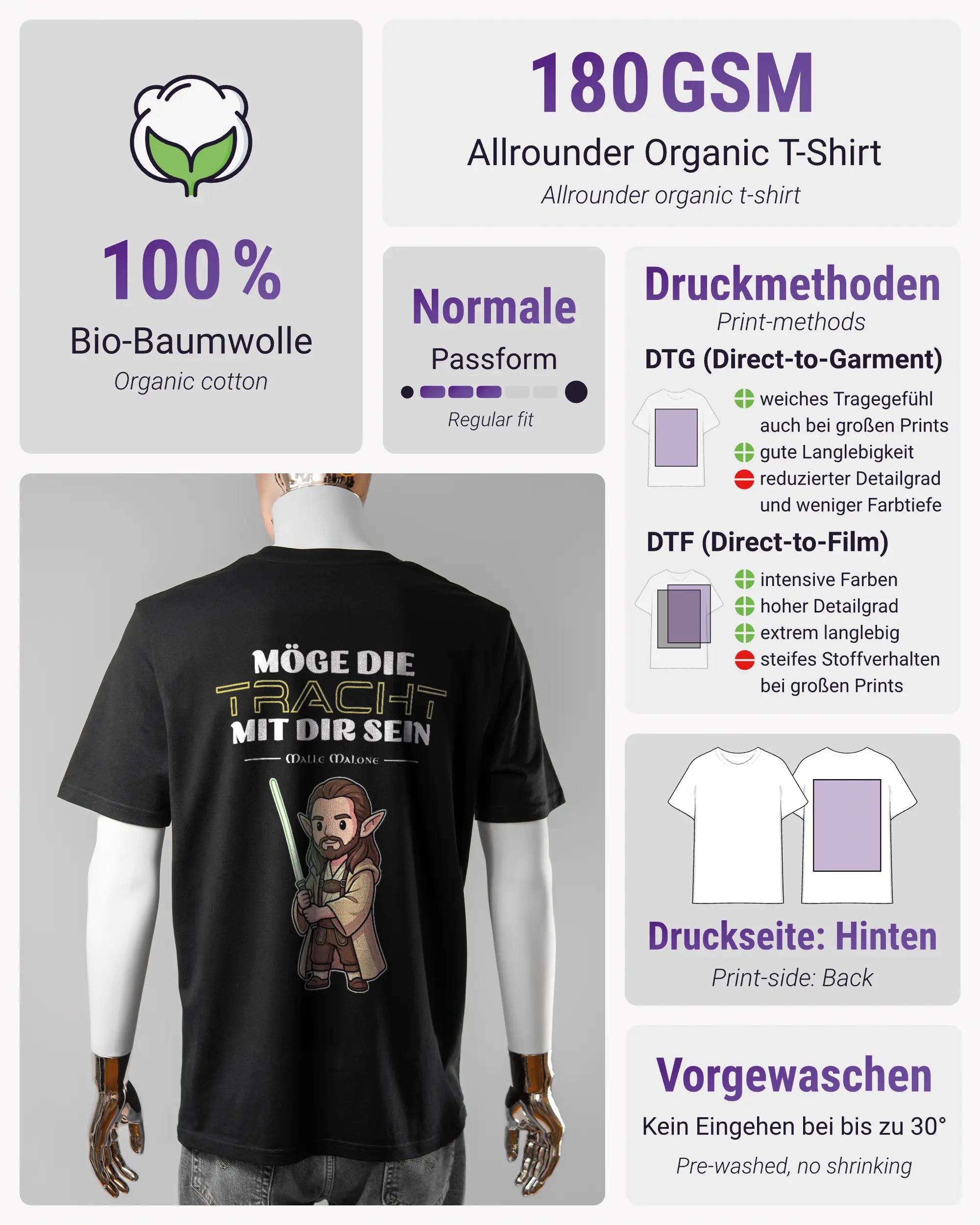 Produktinformationsblatt des Organic Unisex T-Shirt Casual von Maondo mit dem Design Tracht mit dir hinten in der Farbe Black und in der Größe L