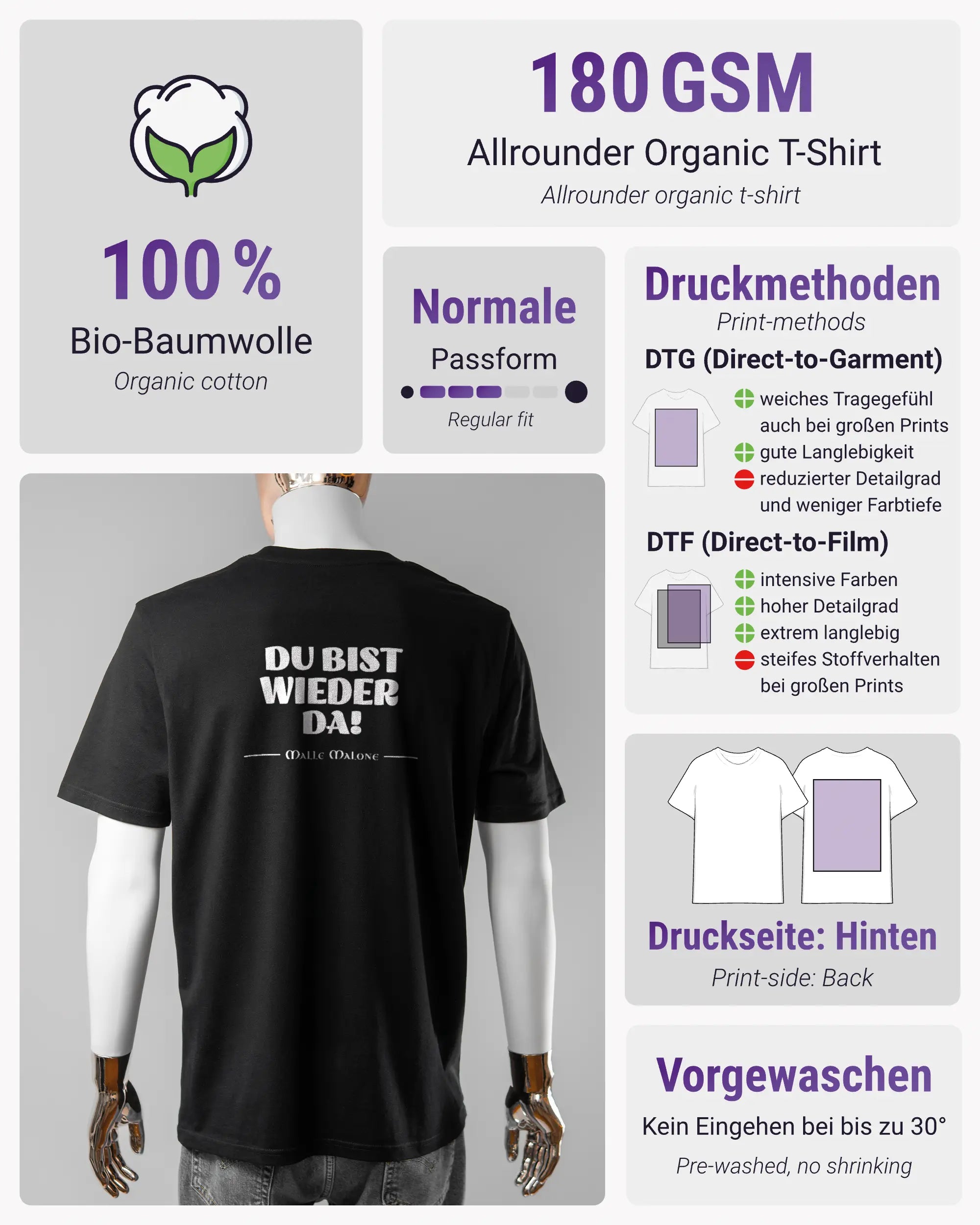 Produktinformationsblatt des Organic Unisex T-Shirt Casual von Maondo mit dem Design Wieder da hinten in der Farbe Black und in der Größe L