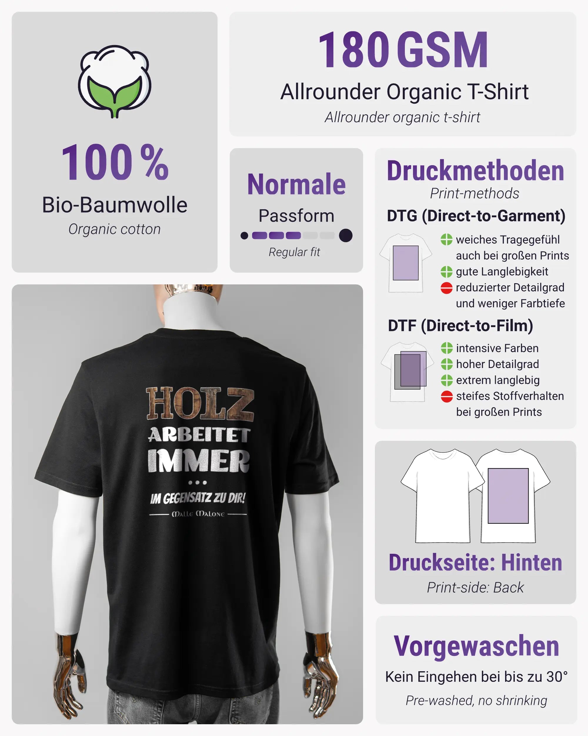 Produktinformationsblatt des Organic Unisex T-Shirt Casual von Maondo mit dem Design Holzarbeit hinten in der Farbe Black und in der Größe L