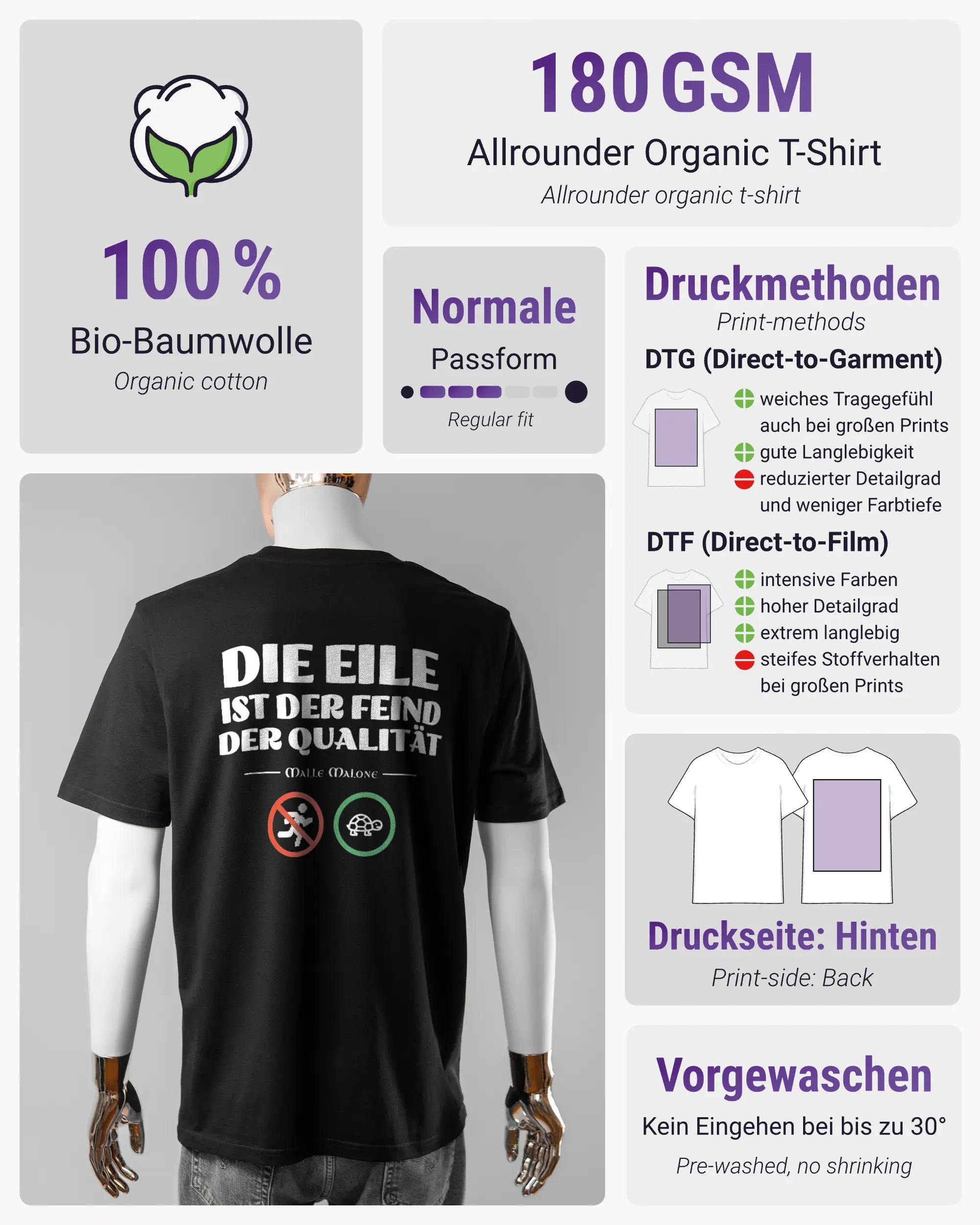Produktinformationsblatt des Organic Unisex T-Shirt Casual von Maondo mit dem Design Keine Eile hinten in der Farbe Black und in der Größe L