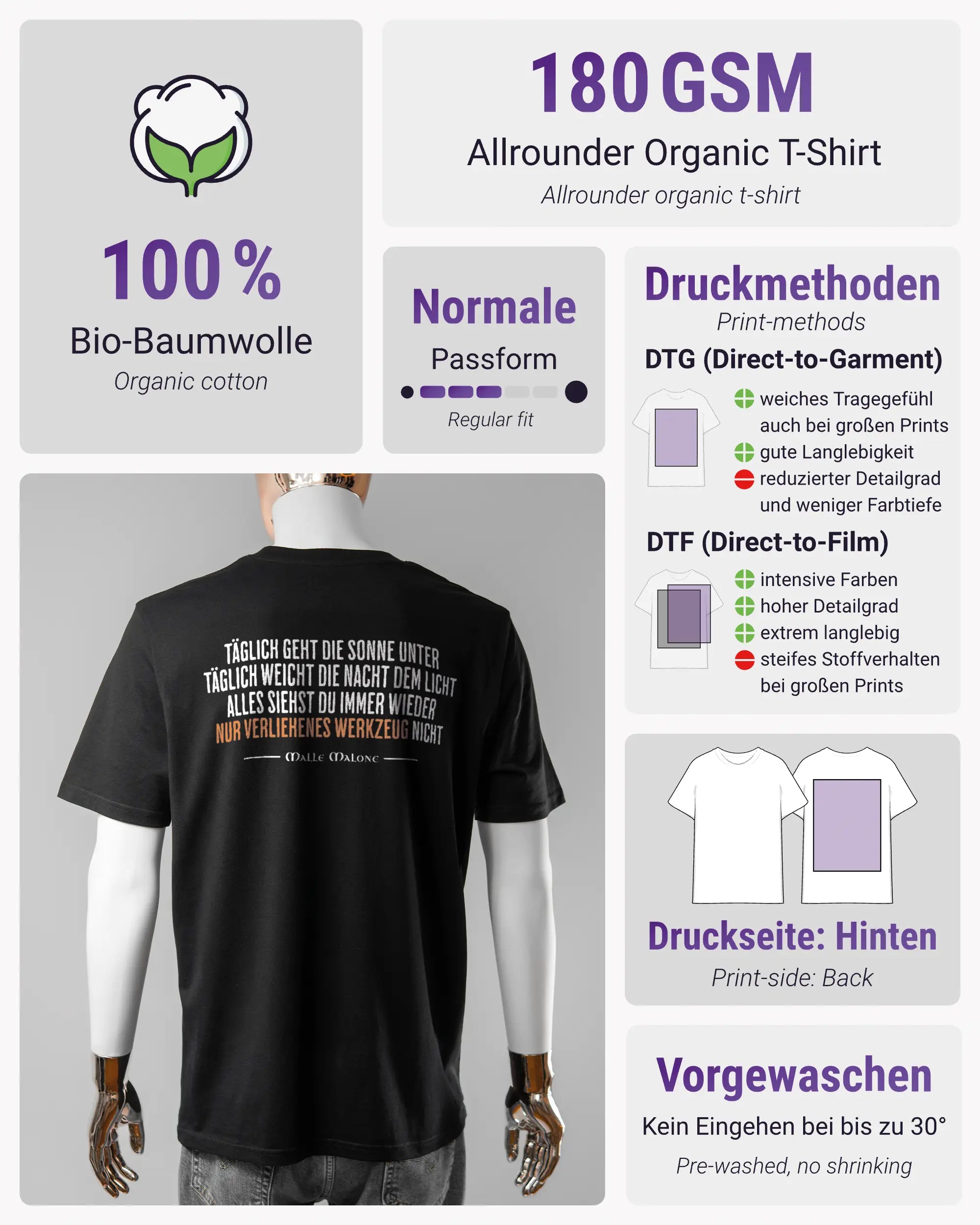 Produktinformationsblatt des Organic Unisex T-Shirt Casual von Maondo mit dem Design Wegzeug hinten in der Farbe Black und in der Größe L