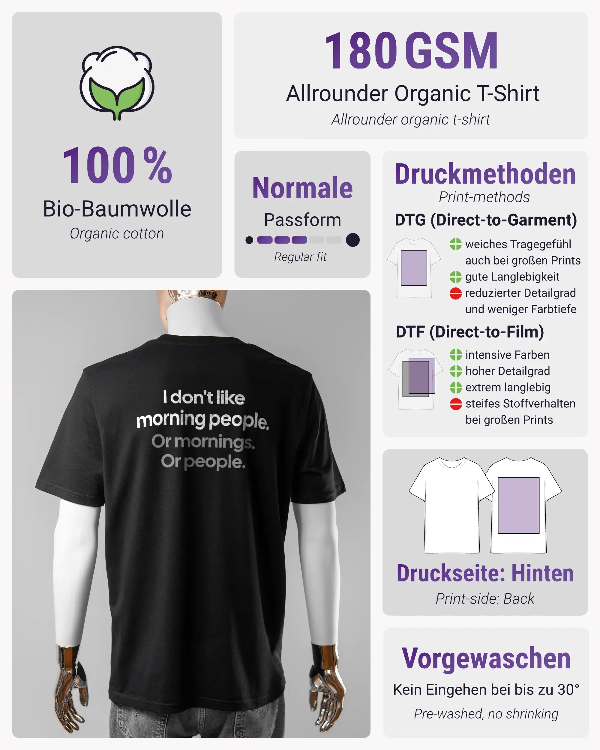 Produktinformationsblatt des Organic Unisex T-Shirt Casual von Maondo mit dem Design Morning Person hinten in der Farbe Black und in der Größe L
