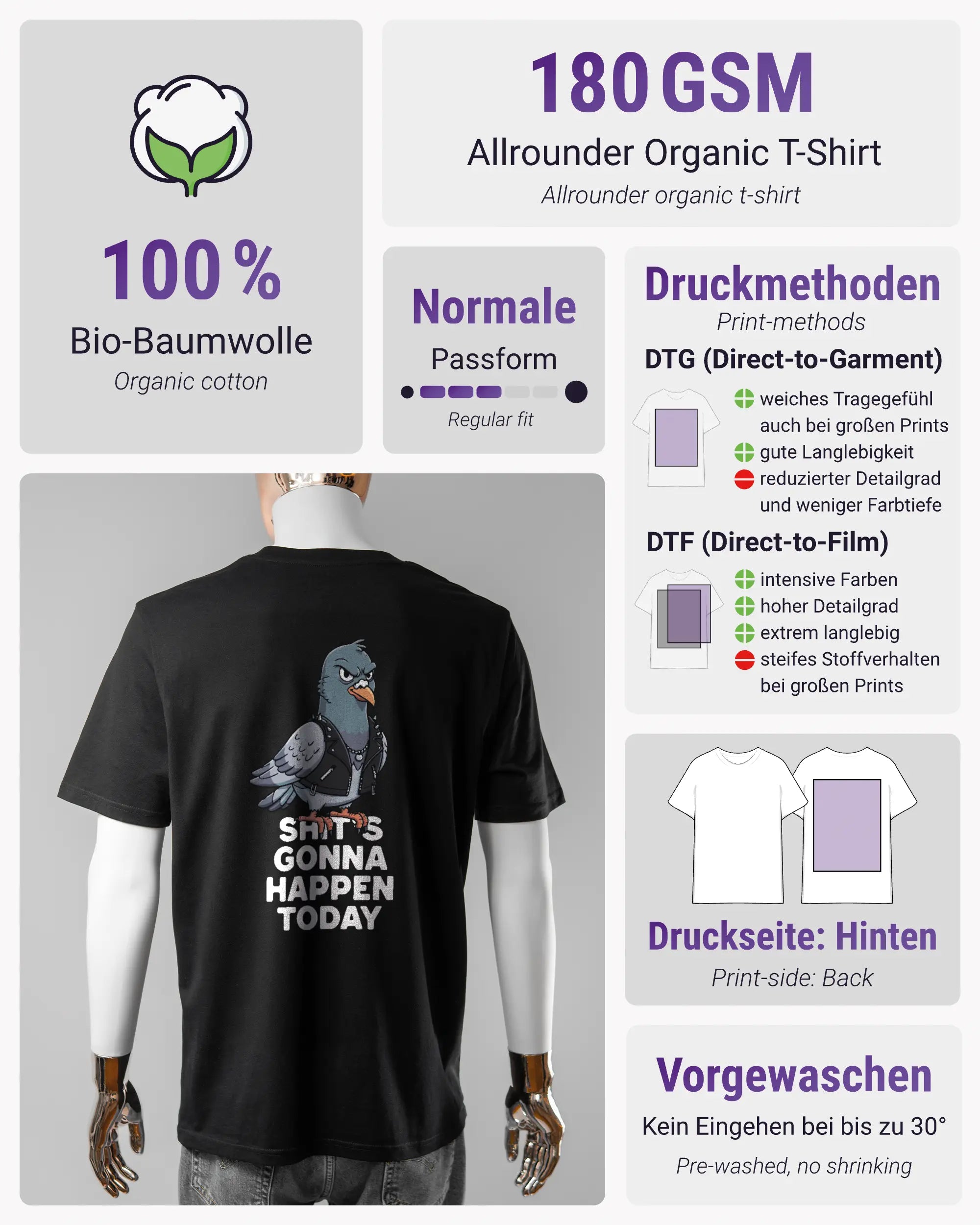 Produktinformationsblatt des Organic Unisex T-Shirt Casual von Maondo mit dem Design Pigeon Pun hinten in der Farbe Black und in der Größe L
