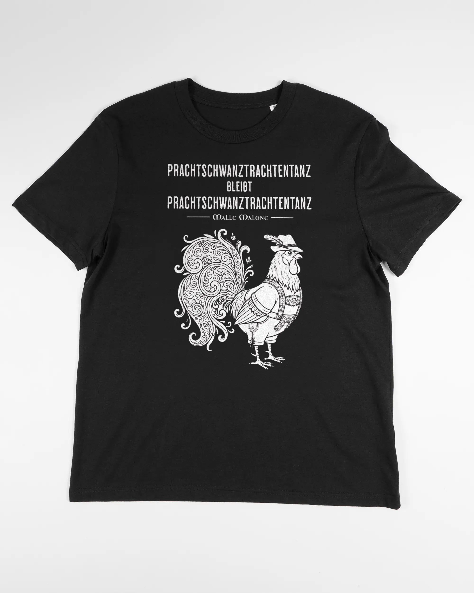 Vorderseite des Organic Unisex T-Shirt Casual von Maondo mit dem Design Trachtentanz in der Farbe Black und in der Größe S flach auf den Boden gelegt