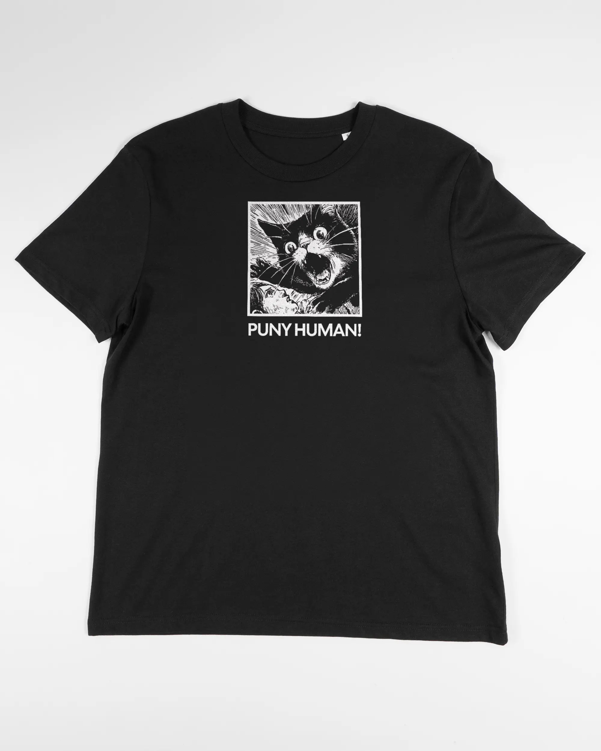 Vorderseite des Organic Unisex T-Shirt Casual von Maondo mit dem Design Puny Human in der Farbe Black und in der Größe S flach auf den Boden gelegt