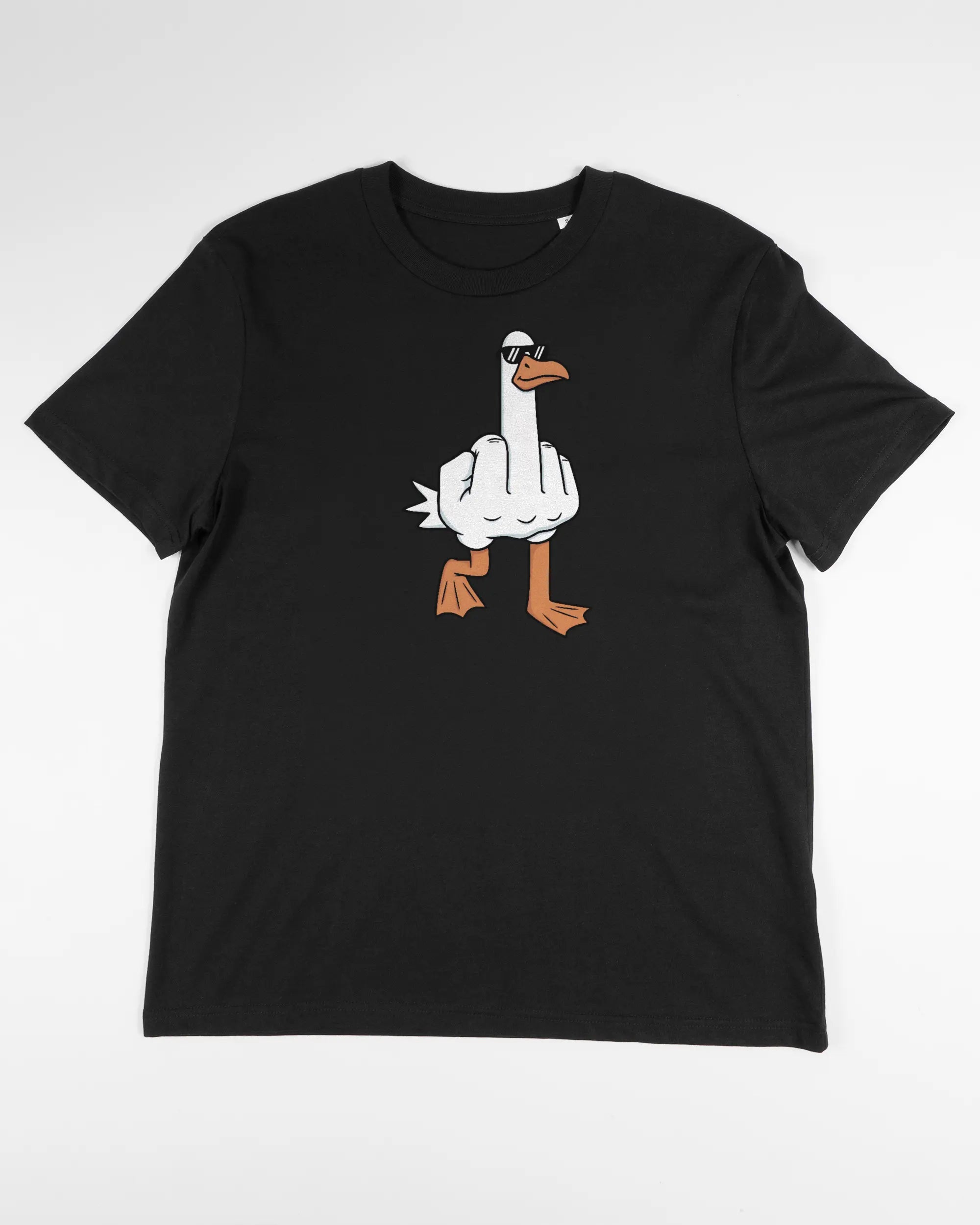 Vorderseite des Organic Unisex T-Shirt Casual von Maondo mit dem Design I give a duck in der Farbe Black und in der Größe S flach auf den Boden gelegt