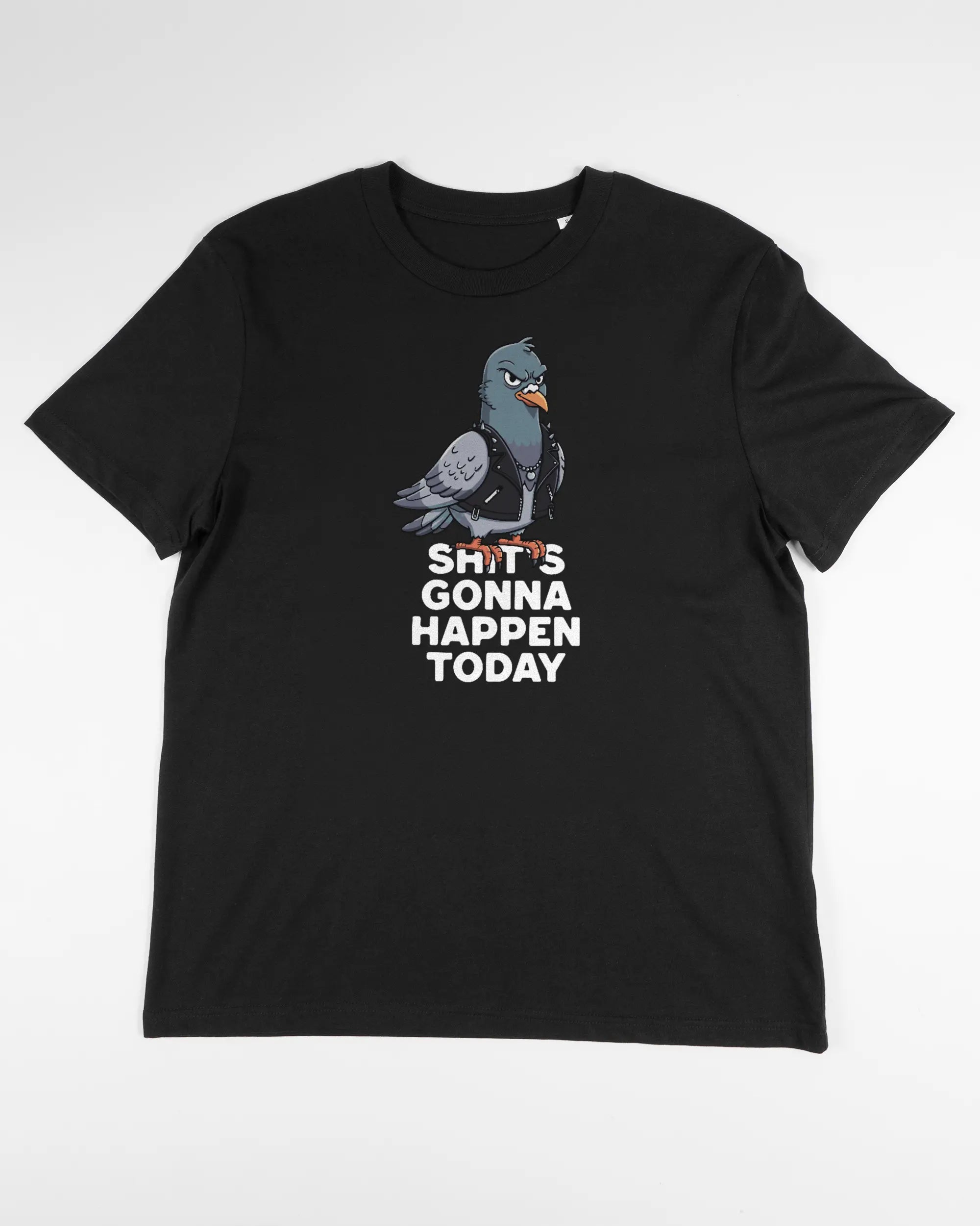 Vorderseite des Organic Unisex T-Shirt Casual von Maondo mit dem Design Pigeon Pun in der Farbe Black und in der Größe S flach auf den Boden gelegt