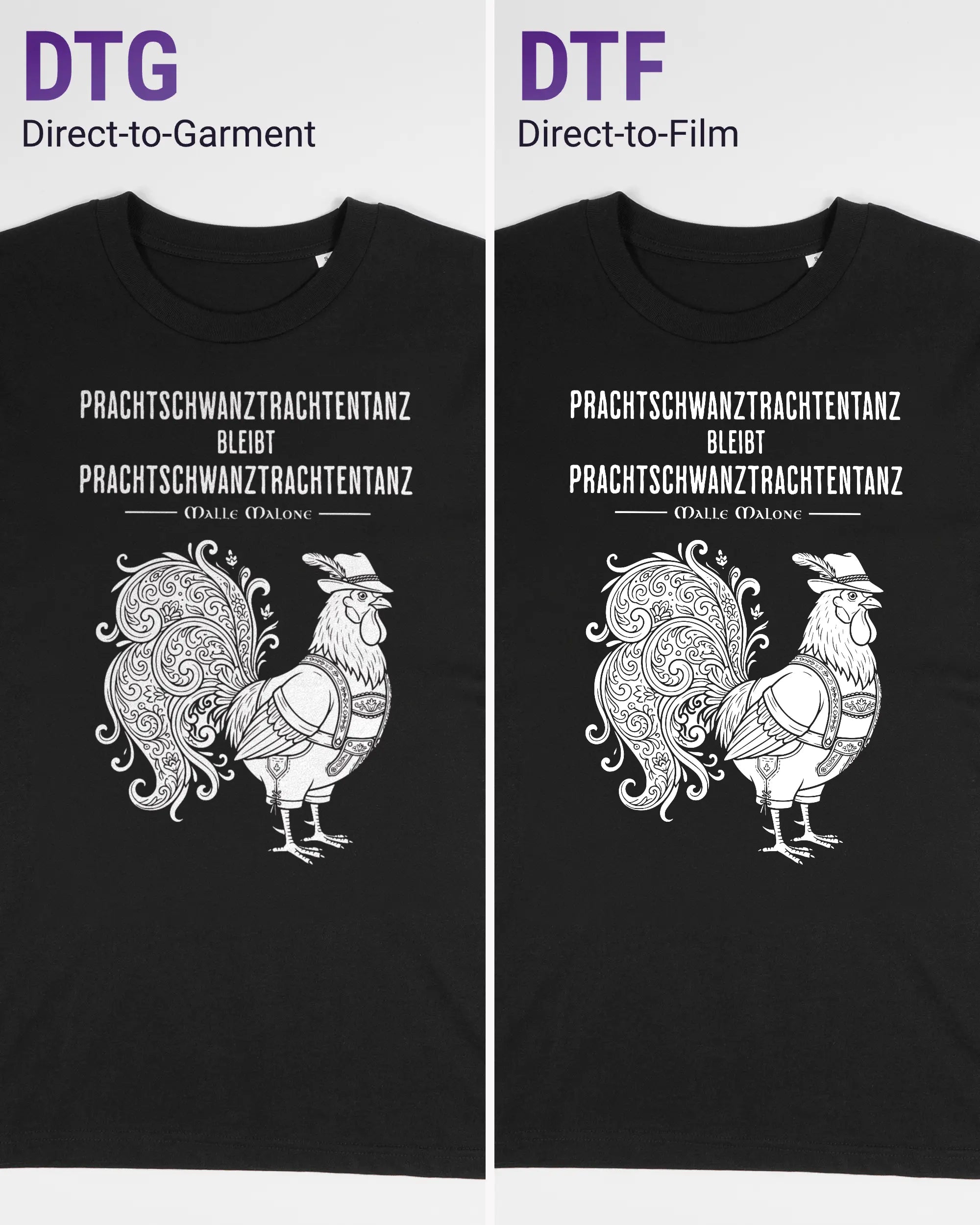 Vergleich der Vorderseiten des Organic Unisex T-Shirt Casual von Maondo mit dem Design Trachtentanz in der Farbe Black und in der Größe S links mit dem Direct-to-Garment und rechts mit dem Direct-to-Film Verfahren
