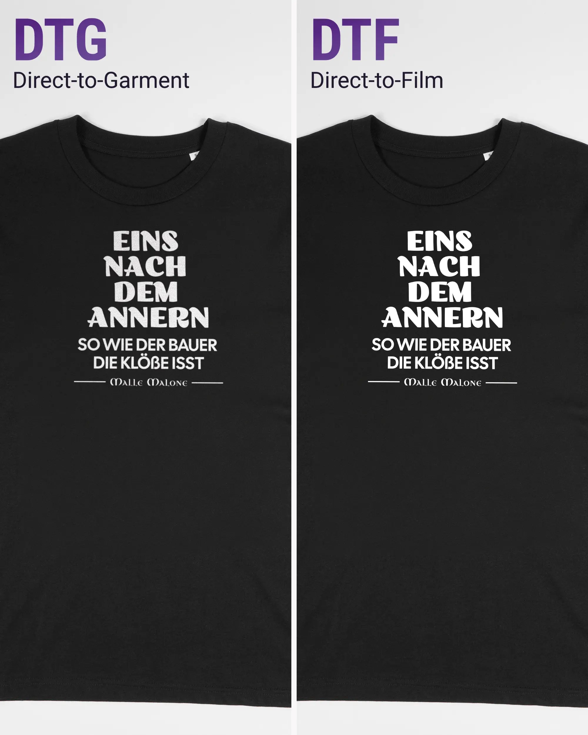 Vergleich der Vorderseiten des Organic Unisex T-Shirt Casual von Maondo mit dem Design Eins nach dem Annern in der Farbe Black und in der Größe S links mit dem Direct-to-Garment und rechts mit dem Direct-to-Film Verfahren