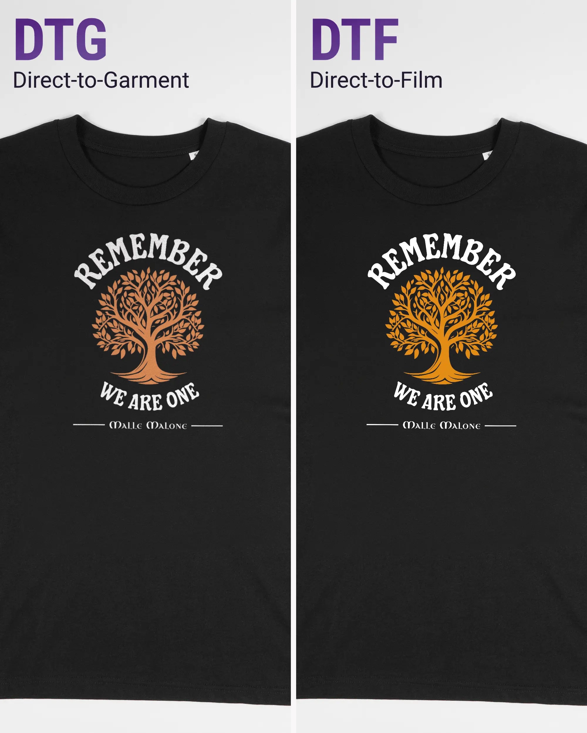 Vergleich der Vorderseiten des Organic Unisex T-Shirt Casual von Maondo mit dem Design We are one in der Farbe Black und in der Größe S links mit dem Direct-to-Garment und rechts mit dem Direct-to-Film Verfahren