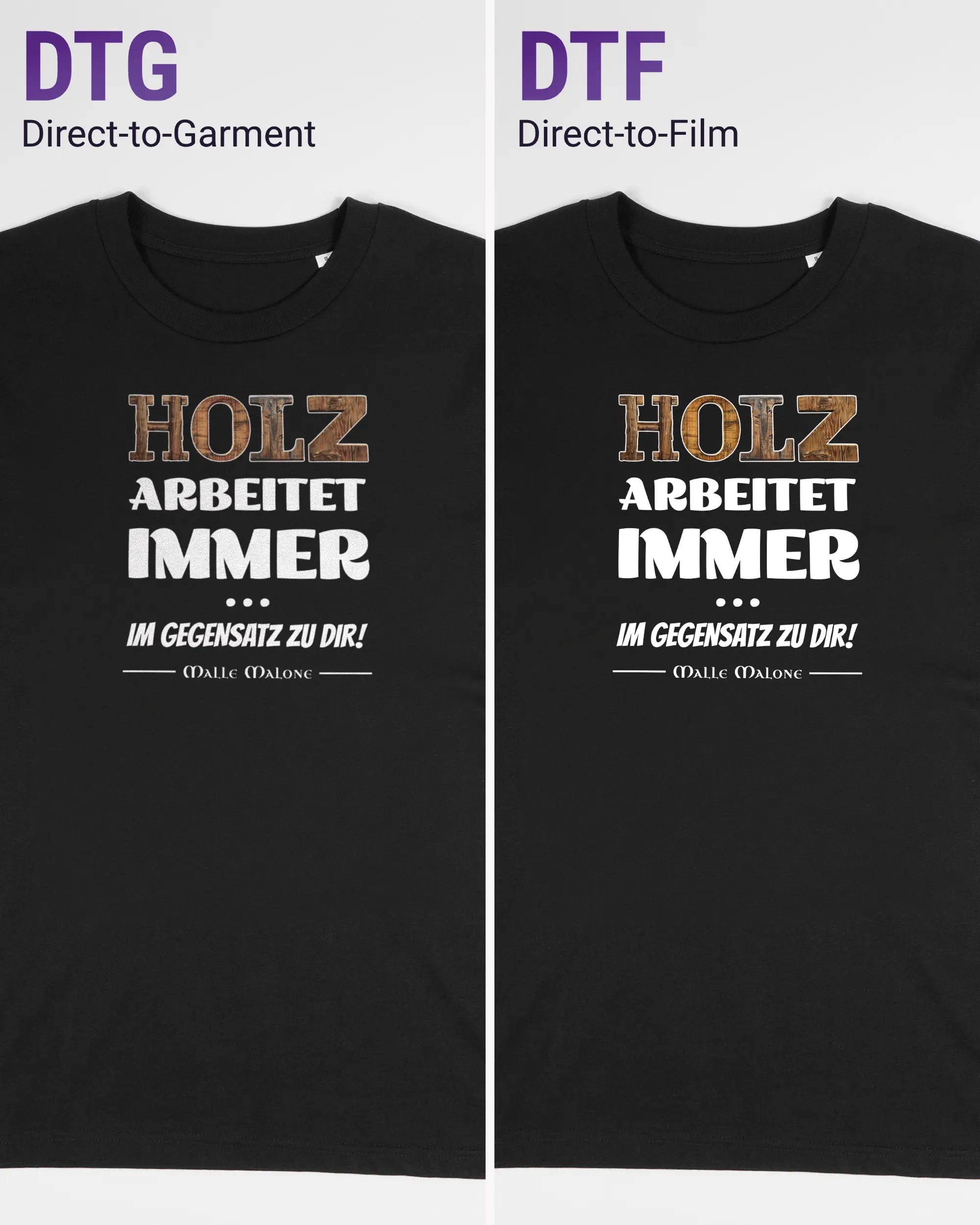 Vergleich der Vorderseiten des Organic Unisex T-Shirt Casual von Maondo mit dem Design Holzarbeit in der Farbe Black und in der Größe S links mit dem Direct-to-Garment und rechts mit dem Direct-to-Film Verfahren