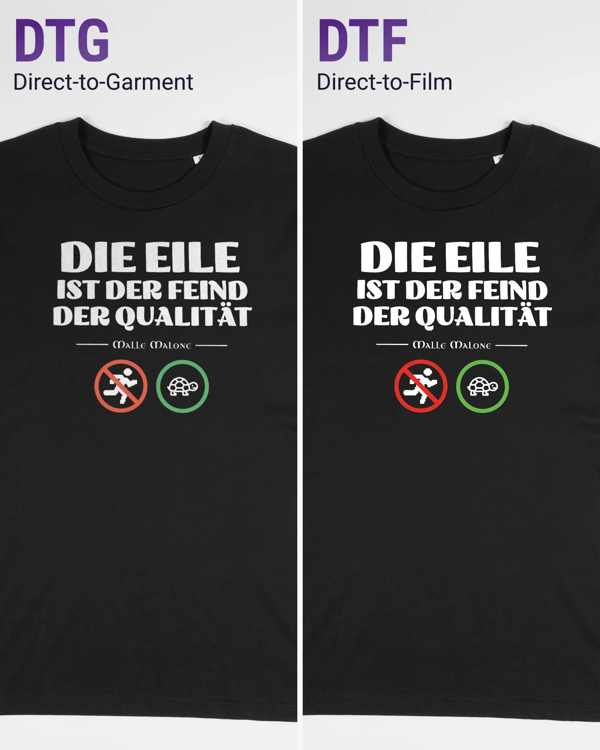 Vergleich der Vorderseiten des Organic Unisex T-Shirt Casual von Maondo mit dem Design Keine Eile in der Farbe Black und in der Größe S links mit dem Direct-to-Garment und rechts mit dem Direct-to-Film Verfahren