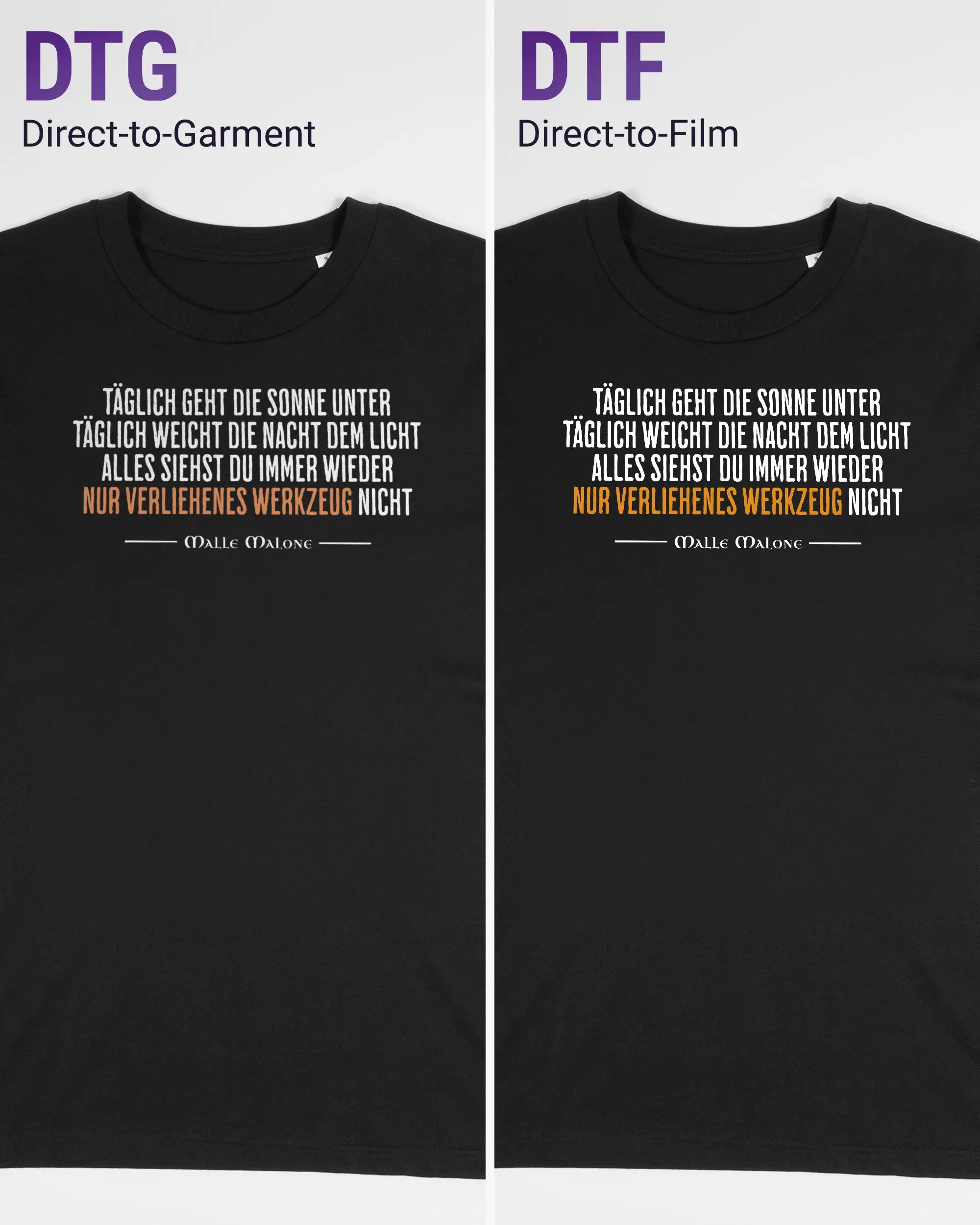 Vergleich der Vorderseiten des Organic Unisex T-Shirt Casual von Maondo mit dem Design Wegzeug in der Farbe Black und in der Größe S links mit dem Direct-to-Garment und rechts mit dem Direct-to-Film Verfahren