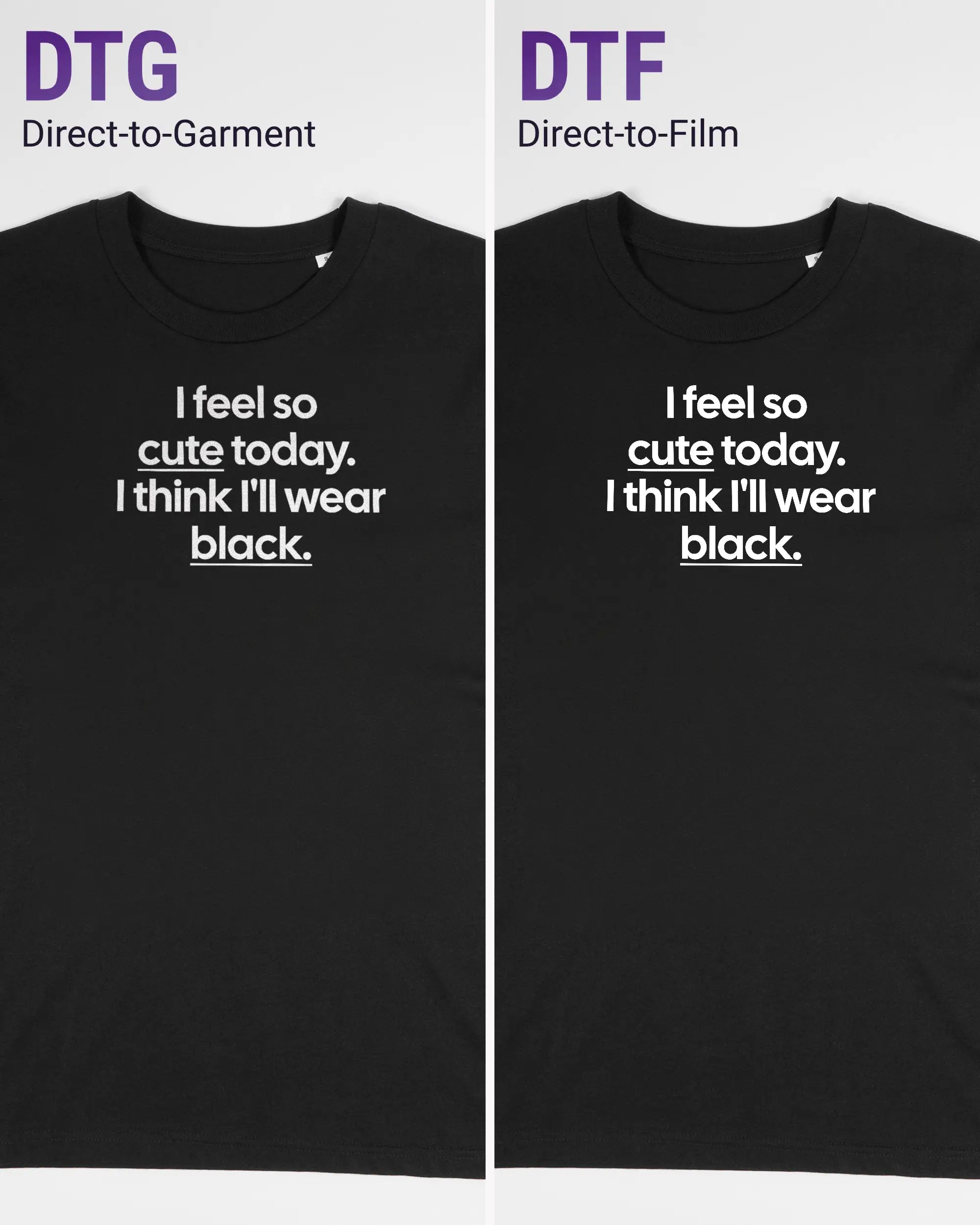 Vergleich der Vorderseiten des Organic Unisex T-Shirt Casual von Maondo mit dem Design Colorful Day in der Farbe Black und in der Größe S links mit dem Direct-to-Garment und rechts mit dem Direct-to-Film Verfahren