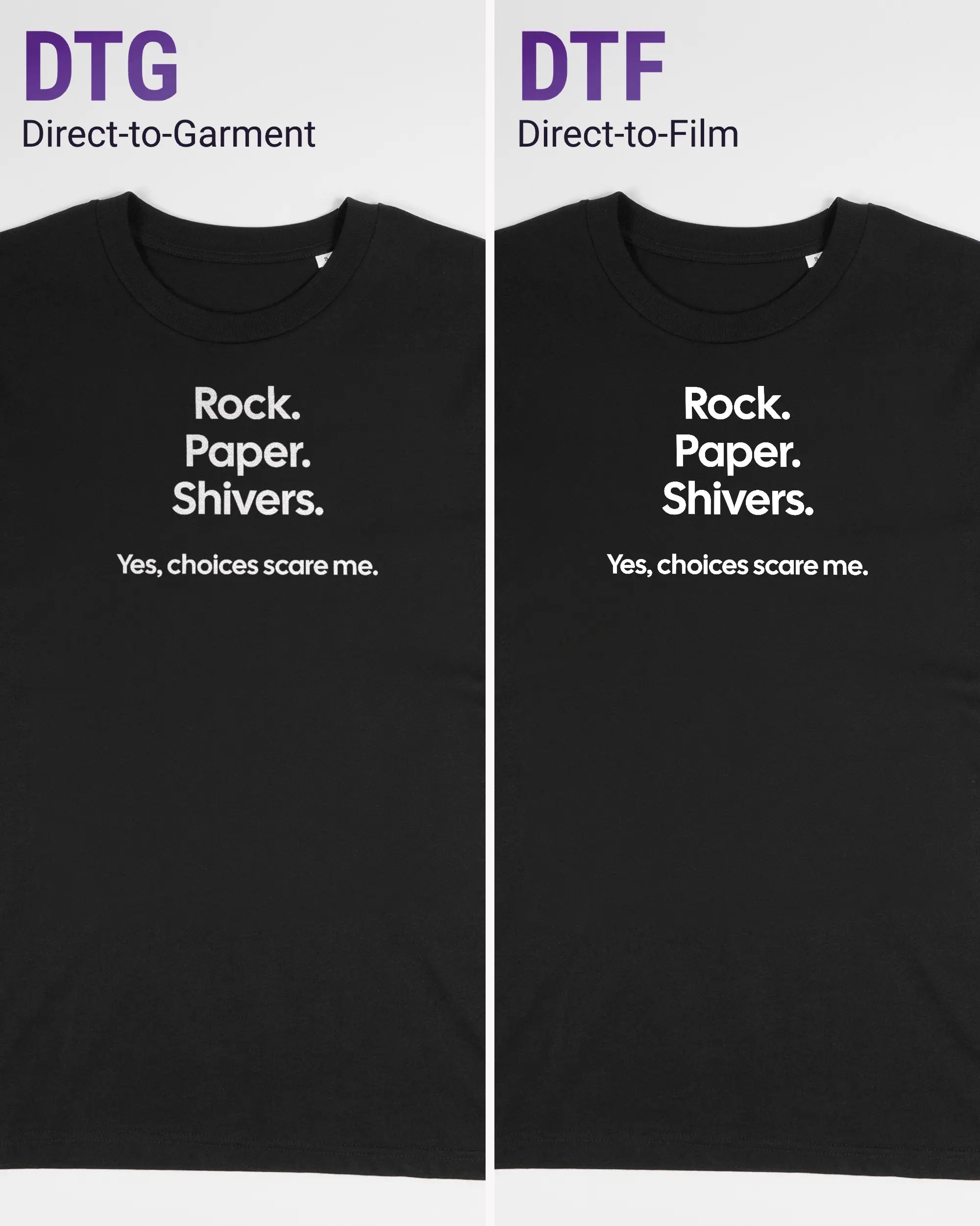 Vergleich der Vorderseiten des Organic Unisex T-Shirt Casual von Maondo mit dem Design Rock Paper Shivers in der Farbe Black und in der Größe S links mit dem Direct-to-Garment und rechts mit dem Direct-to-Film Verfahren