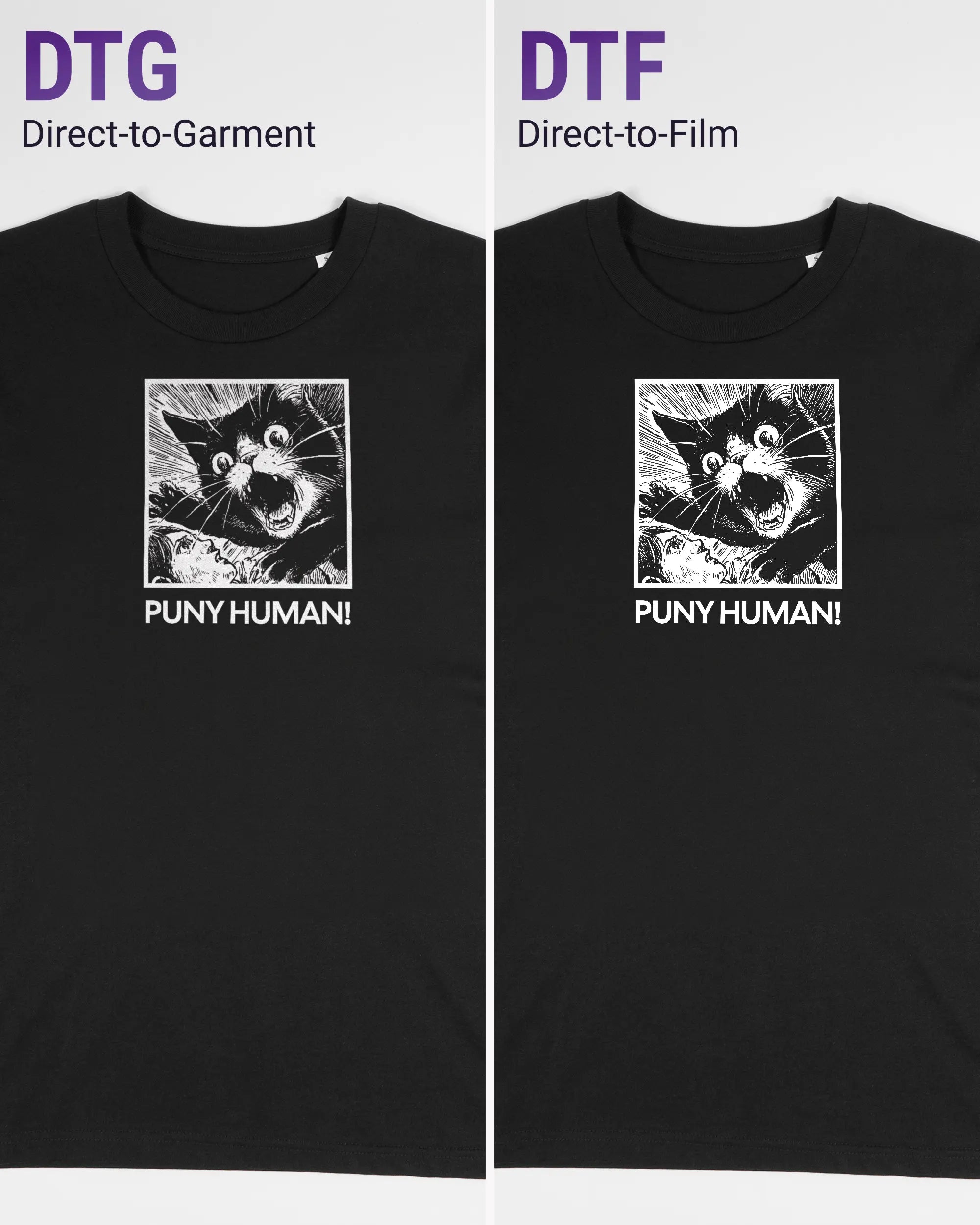 Vergleich der Vorderseiten des Organic Unisex T-Shirt Casual von Maondo mit dem Design Puny Human in der Farbe Black und in der Größe S links mit dem Direct-to-Garment und rechts mit dem Direct-to-Film Verfahren