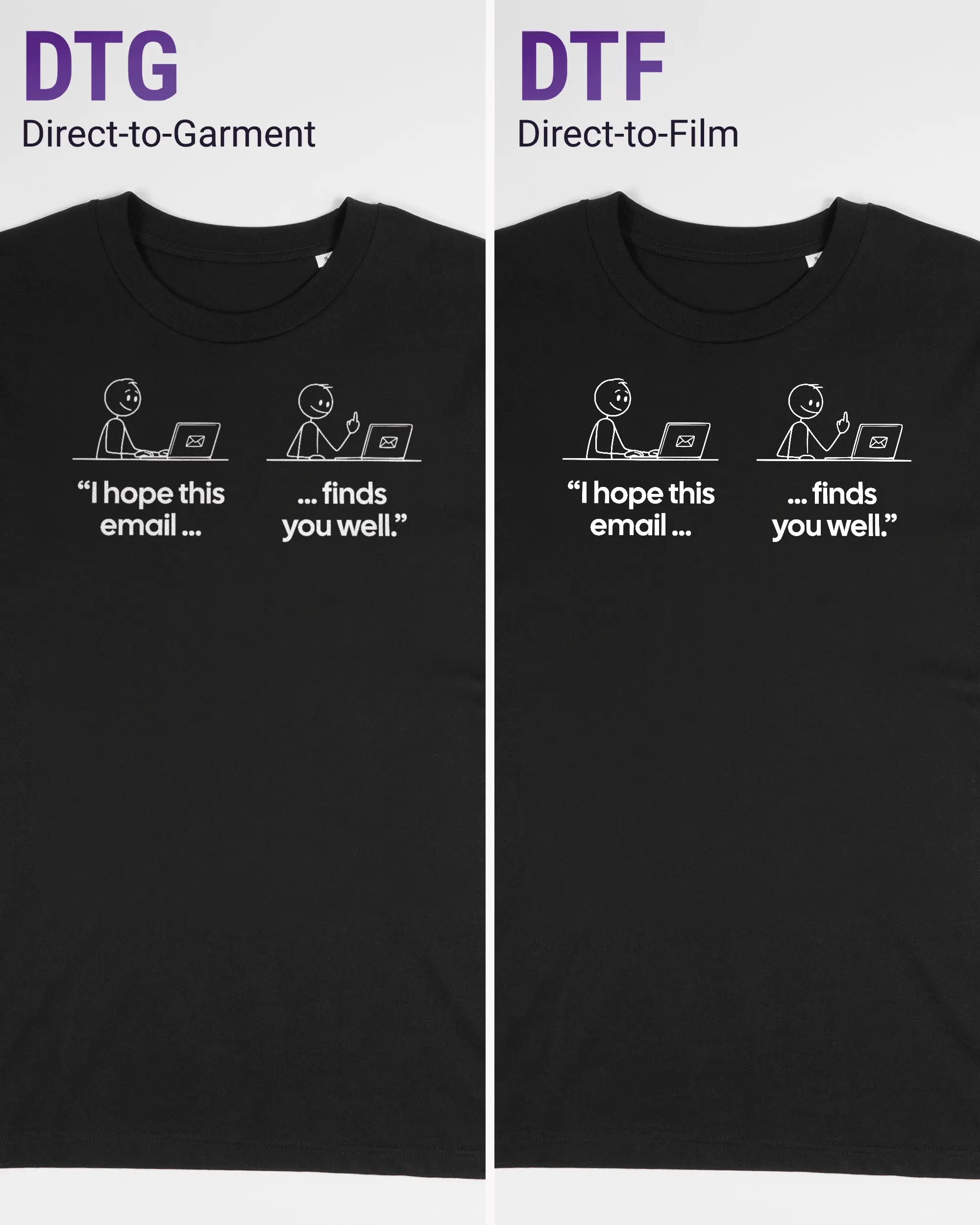 Vergleich der Vorderseiten des Organic Unisex T-Shirt Casual von Maondo mit dem Design Found me not well in der Farbe Black und in der Größe S links mit dem Direct-to-Garment und rechts mit dem Direct-to-Film Verfahren