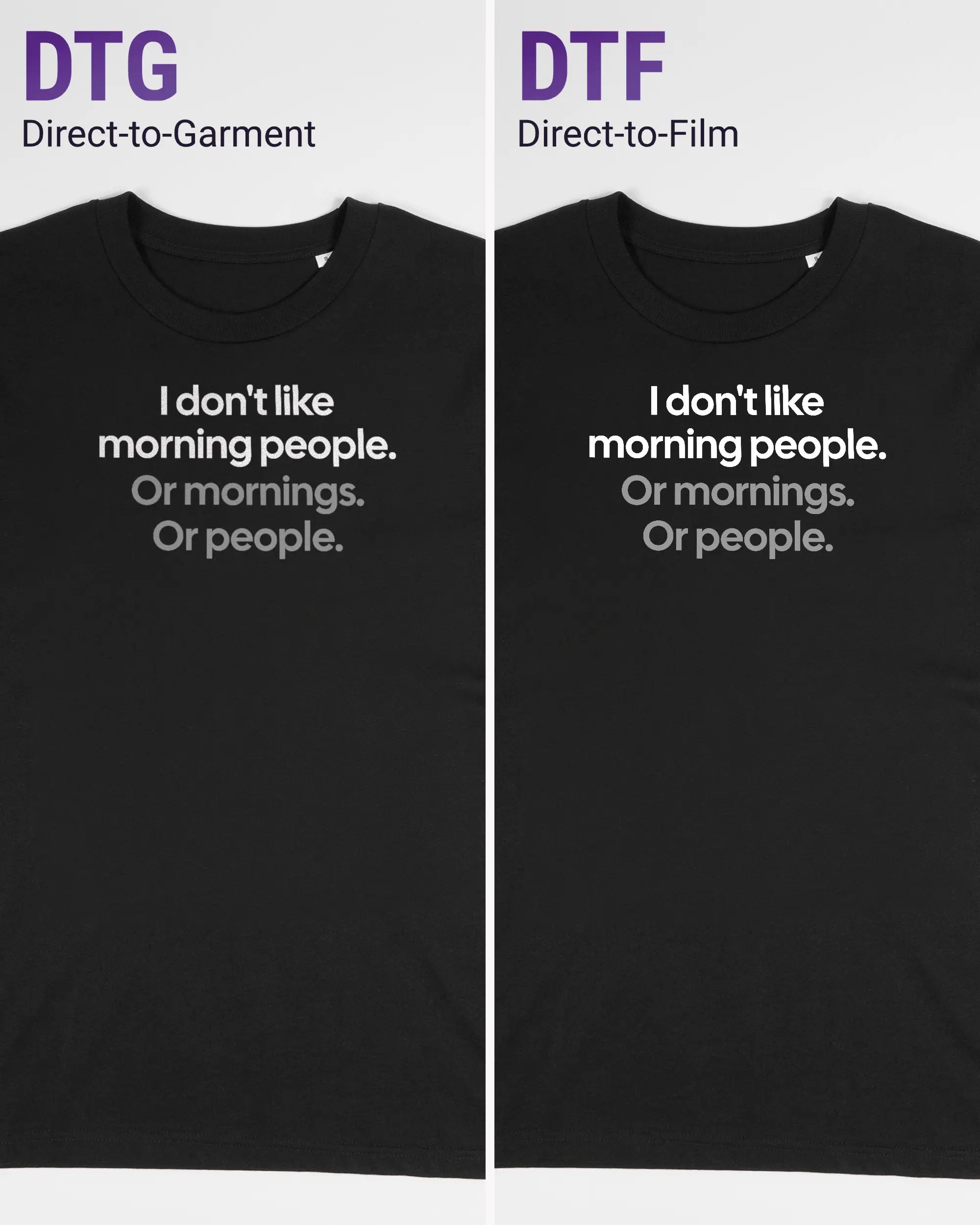 Vergleich der Vorderseiten des Organic Unisex T-Shirt Casual von Maondo mit dem Design Morning Person in der Farbe Black und in der Größe S links mit dem Direct-to-Garment und rechts mit dem Direct-to-Film Verfahren