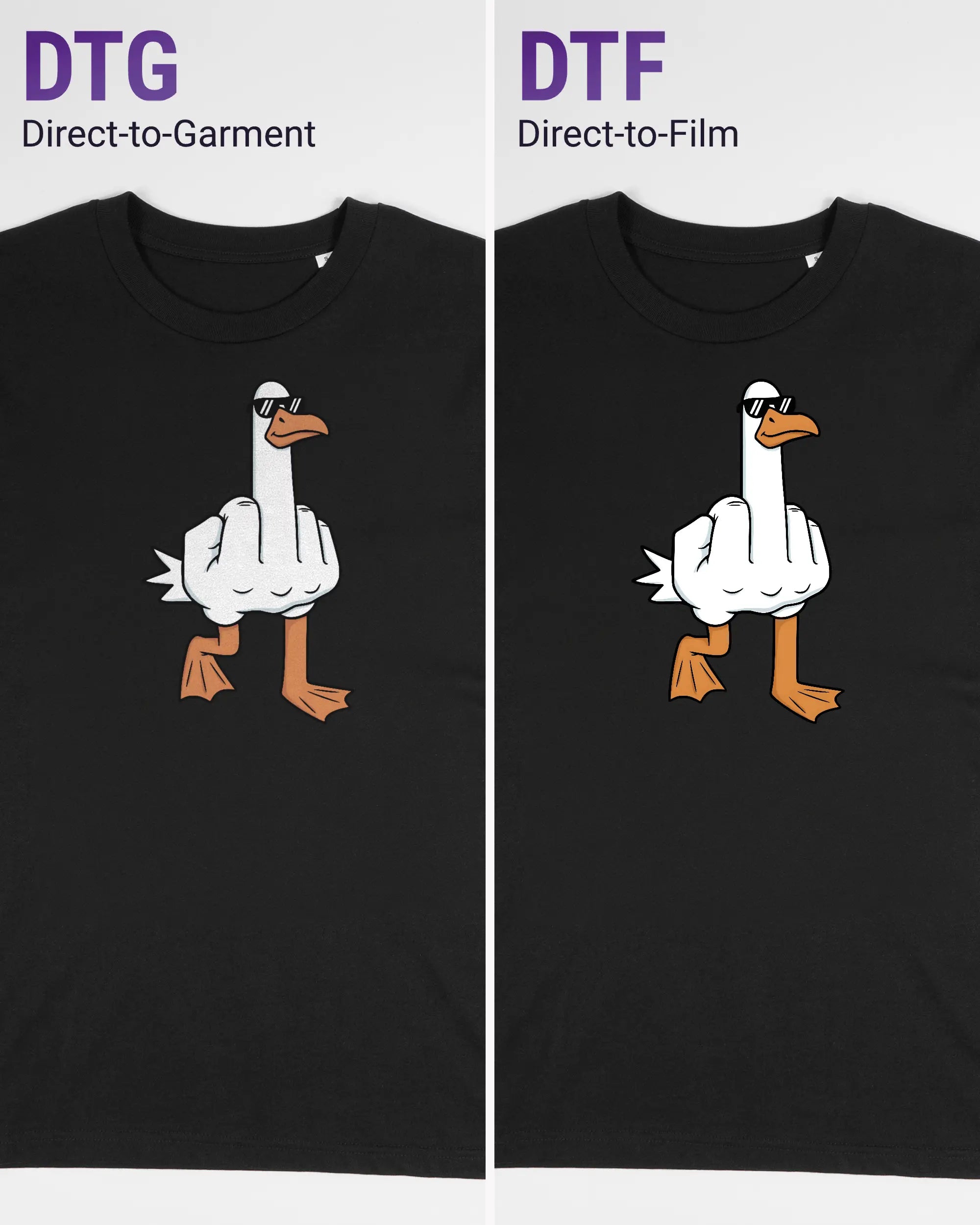 Vergleich der Vorderseiten des Organic Unisex T-Shirt Casual von Maondo mit dem Design I give a duck in der Farbe Black und in der Größe S links mit dem Direct-to-Garment und rechts mit dem Direct-to-Film Verfahren