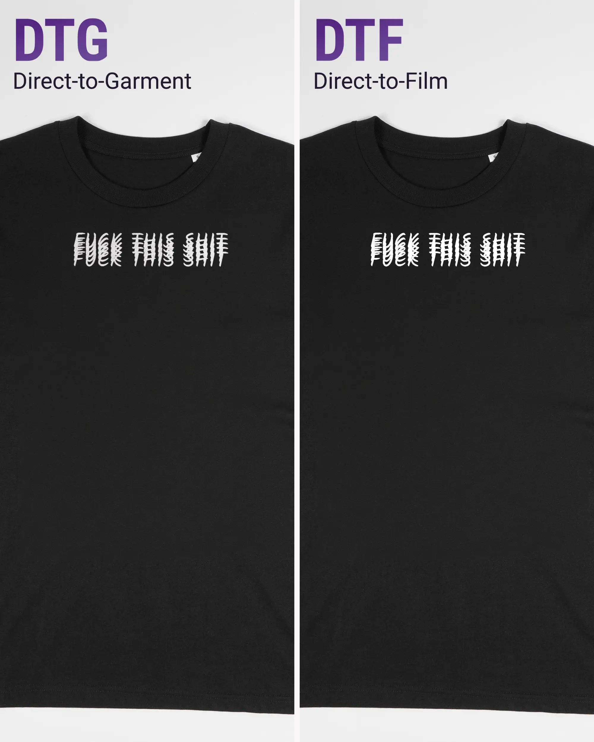 Vergleich der Vorderseiten des Organic Unisex T-Shirt Casual von Maondo mit dem Design Hidden Message in der Farbe Black und in der Größe S links mit dem Direct-to-Garment und rechts mit dem Direct-to-Film Verfahren