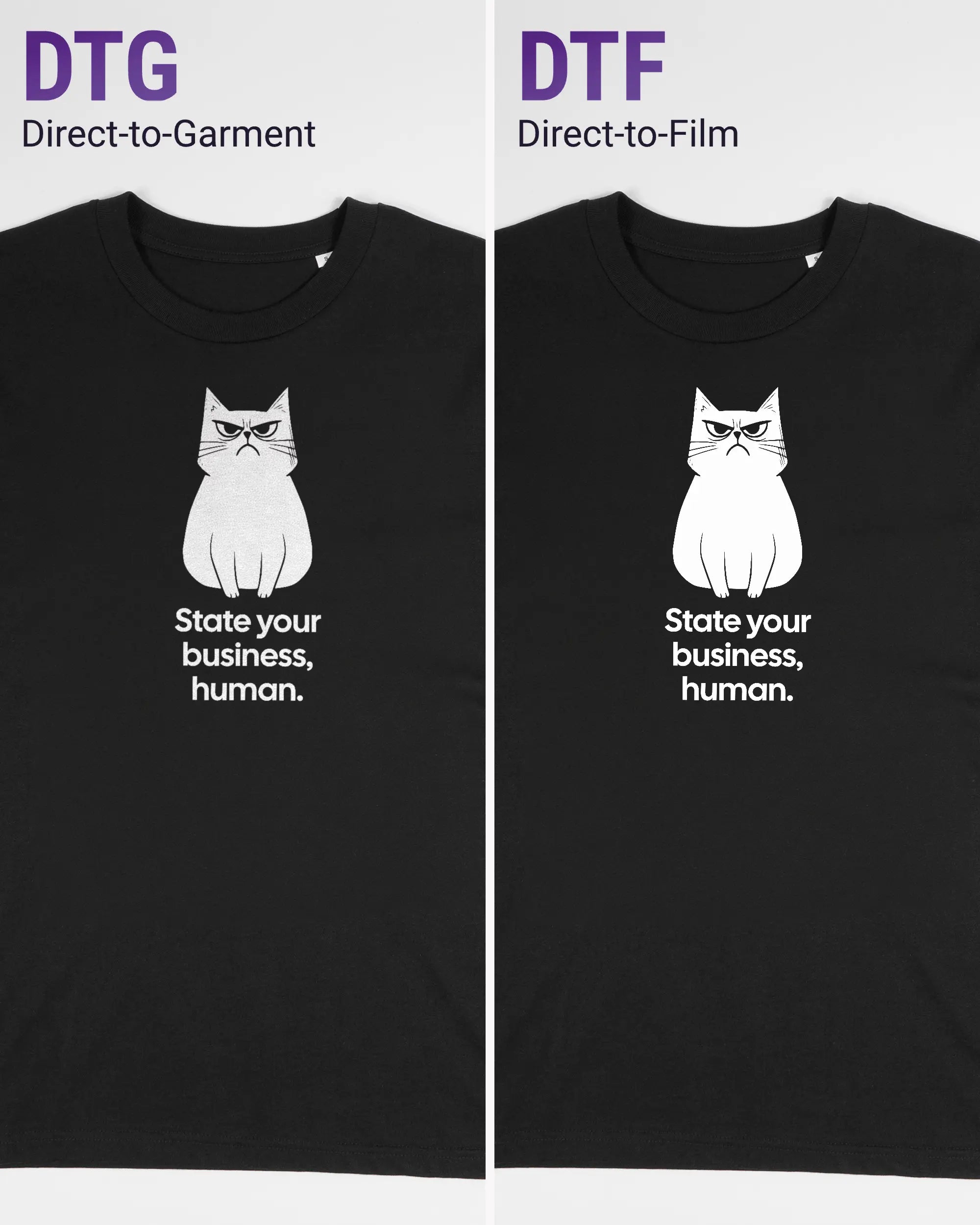 Vergleich der Vorderseiten des Organic Unisex T-Shirt Casual von Maondo mit dem Design Grumpy Purr in der Farbe Black und in der Größe S links mit dem Direct-to-Garment und rechts mit dem Direct-to-Film Verfahren