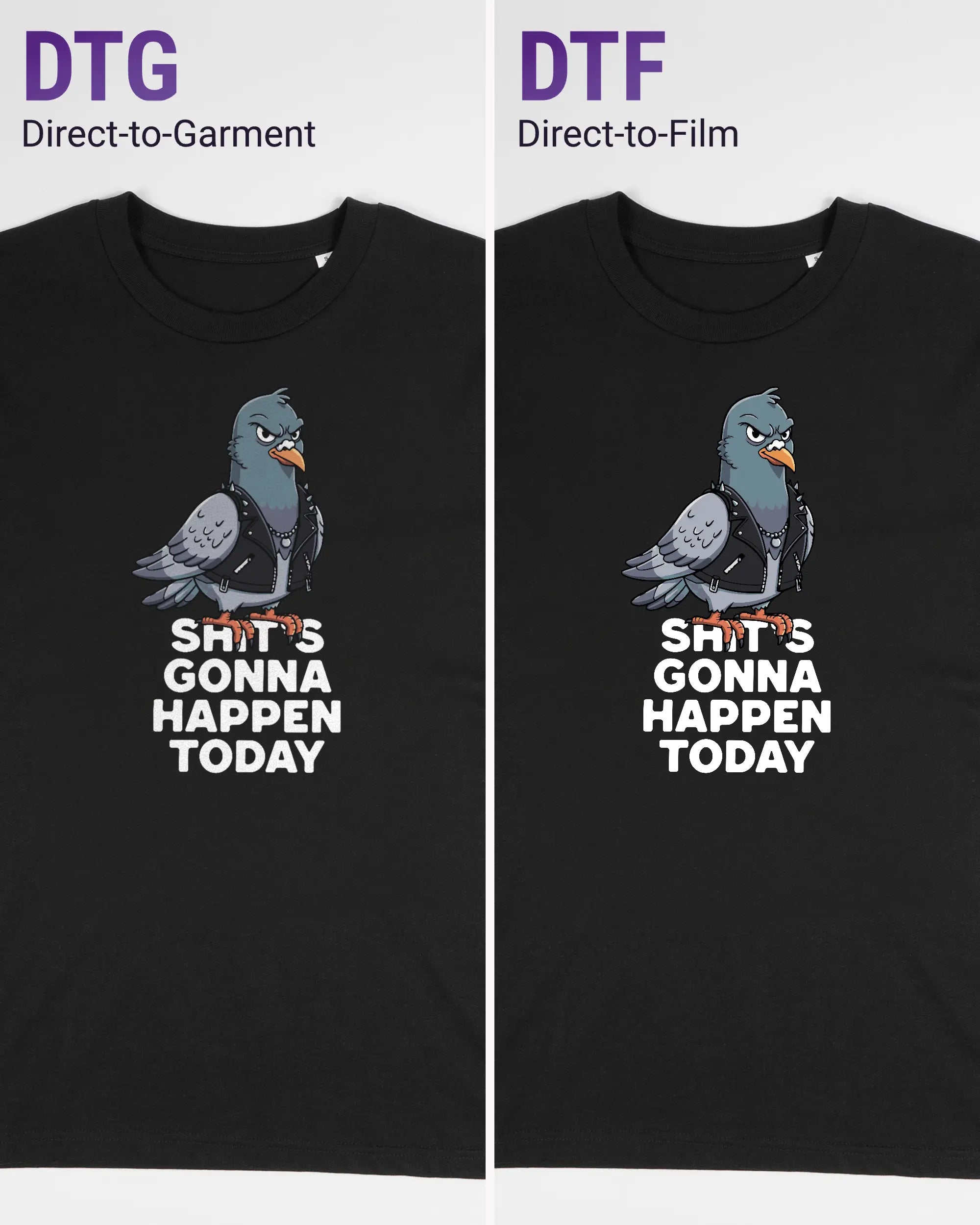 Vergleich der Vorderseiten des Organic Unisex T-Shirt Casual von Maondo mit dem Design Pigeon Pun in der Farbe Black und in der Größe S links mit dem Direct-to-Garment und rechts mit dem Direct-to-Film Verfahren