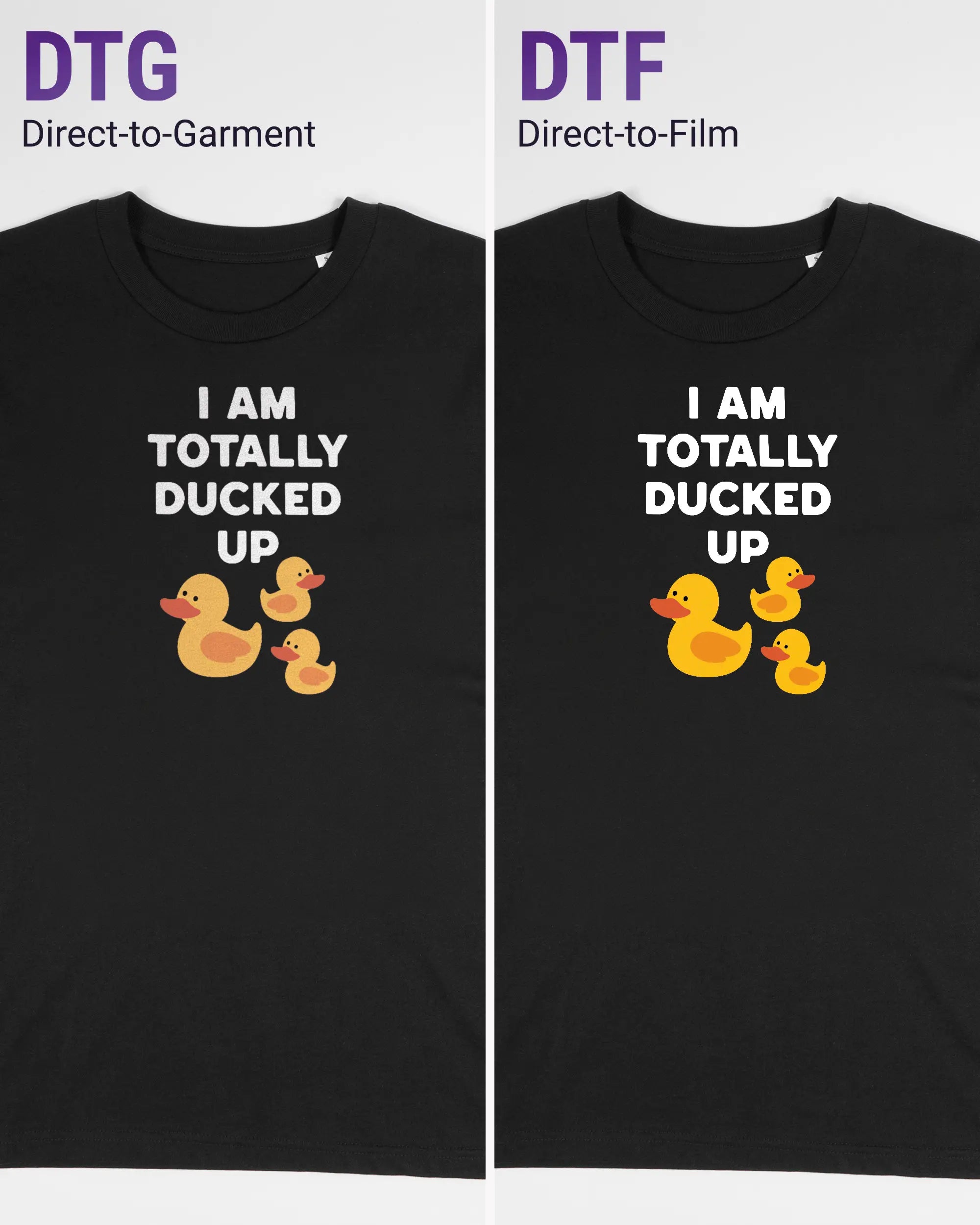 Vergleich der Vorderseiten des Organic Unisex T-Shirt Casual von Maondo mit dem Design Ducked Up in der Farbe Black und in der Größe S links mit dem Direct-to-Garment und rechts mit dem Direct-to-Film Verfahren