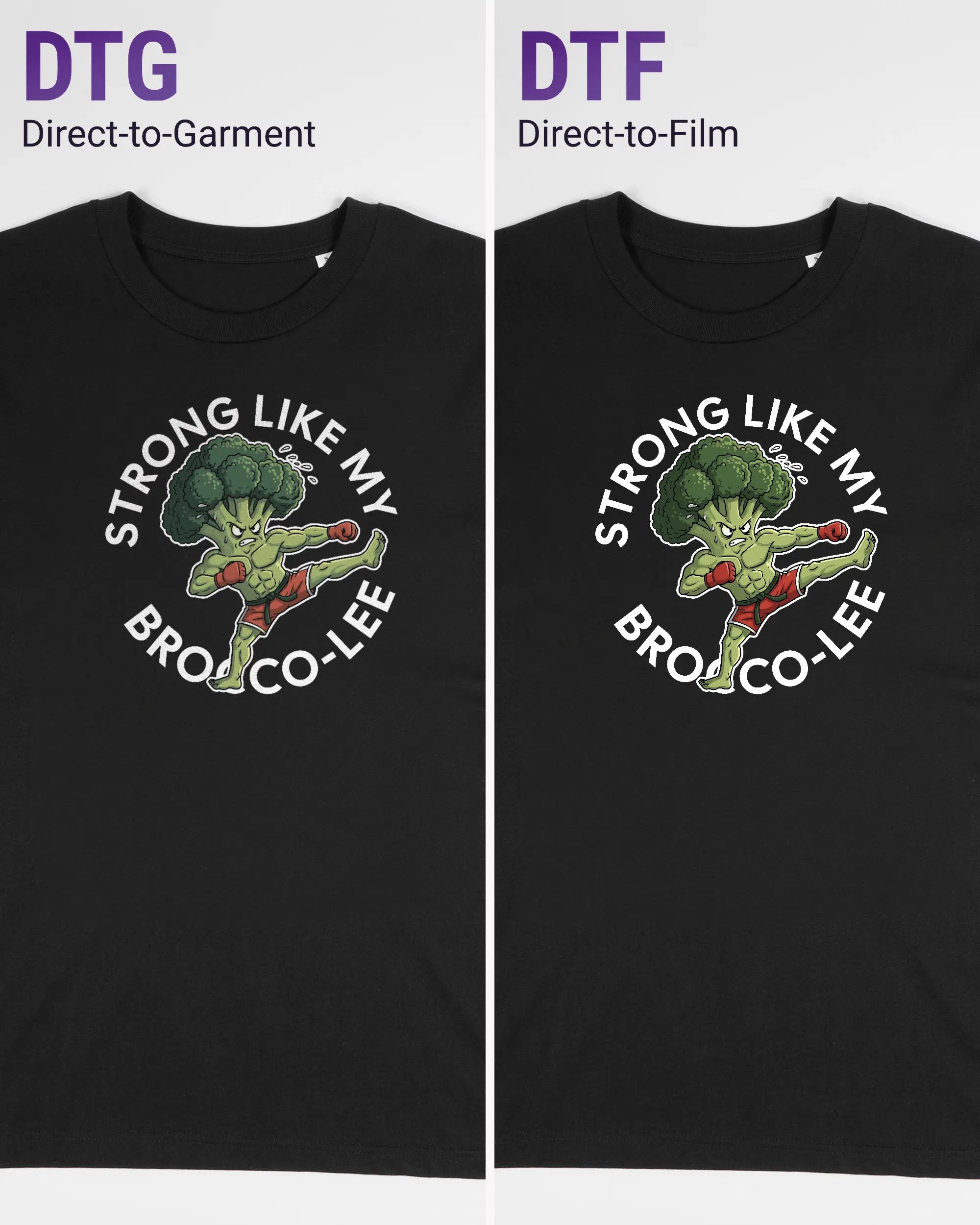 Vergleich der Vorderseiten des Organic Unisex T-Shirt Casual von Maondo mit dem Design Brocco-Lee in der Farbe Black und in der Größe S links mit dem Direct-to-Garment und rechts mit dem Direct-to-Film Verfahren