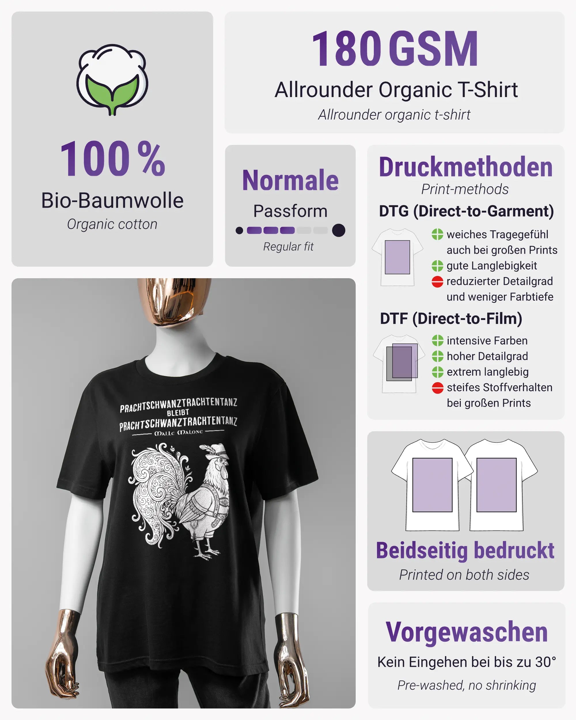 Produktinformationsblatt des Organic Unisex T-Shirt Casual von Maondo mit dem Design Trachtentanz vorne in der Farbe Black und in der Größe S