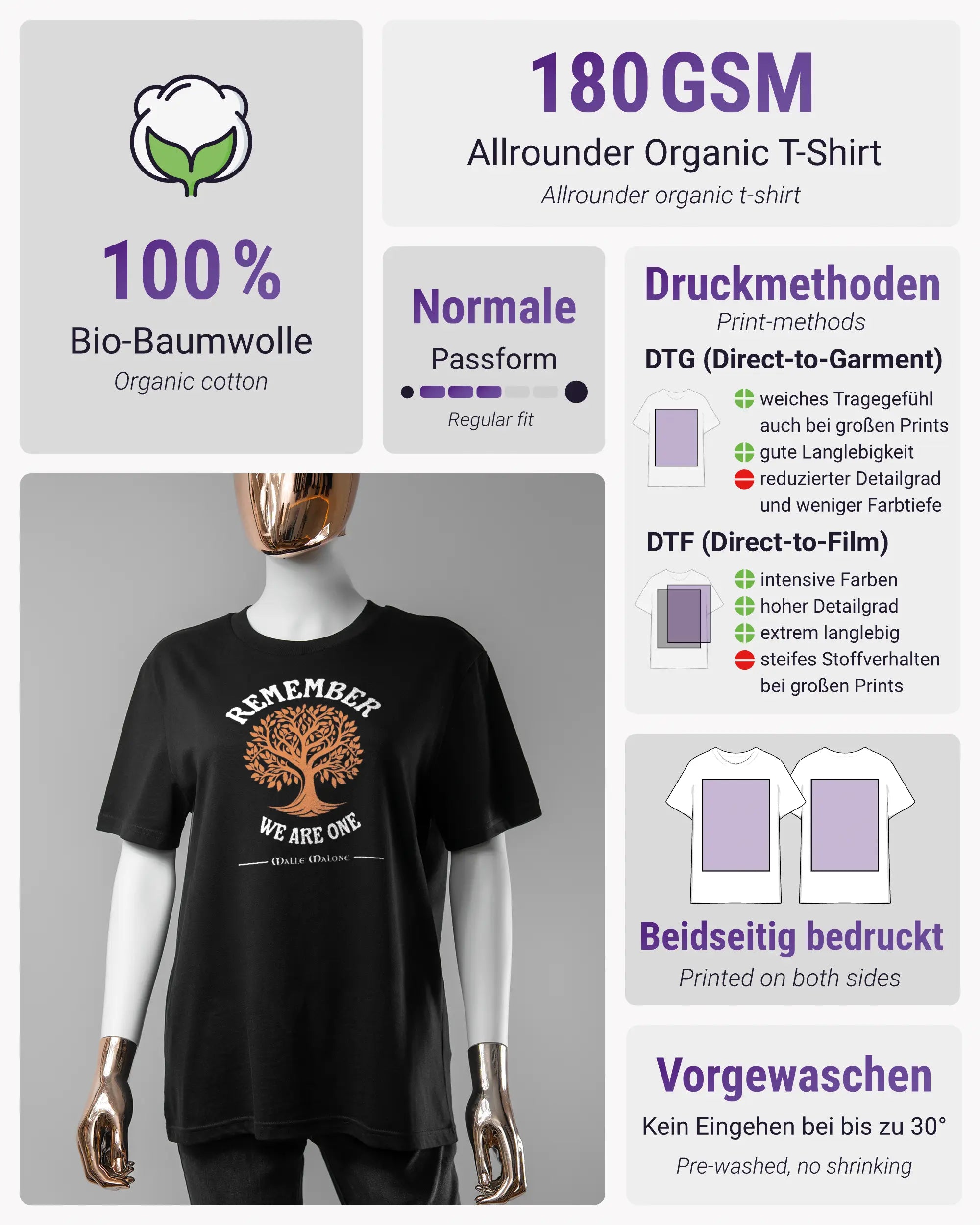 Produktinformationsblatt des Organic Unisex T-Shirt Casual von Maondo mit dem Design We are one vorne in der Farbe Black und in der Größe S