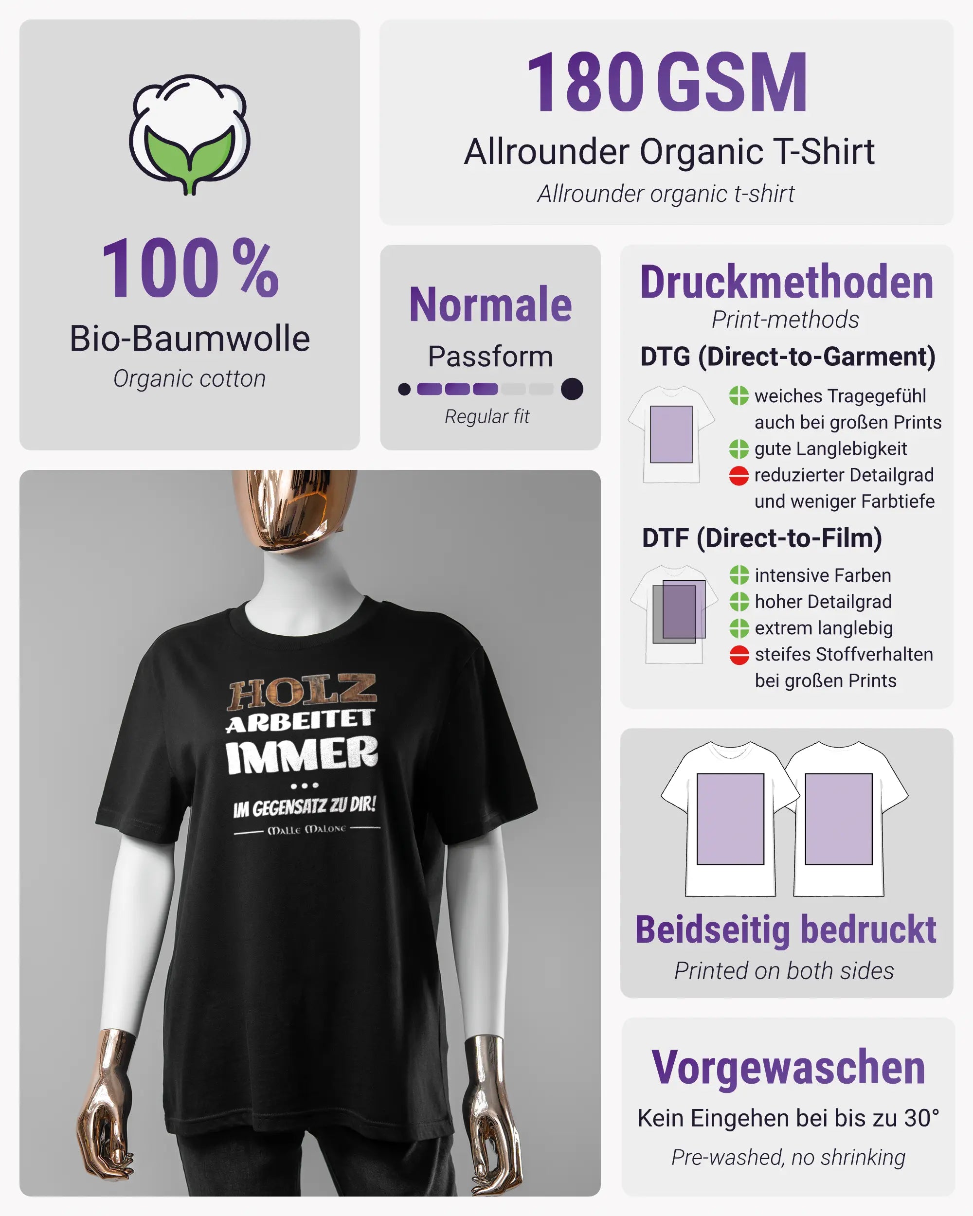 Produktinformationsblatt des Organic Unisex T-Shirt Casual von Maondo mit dem Design Holzarbeit vorne in der Farbe Black und in der Größe S