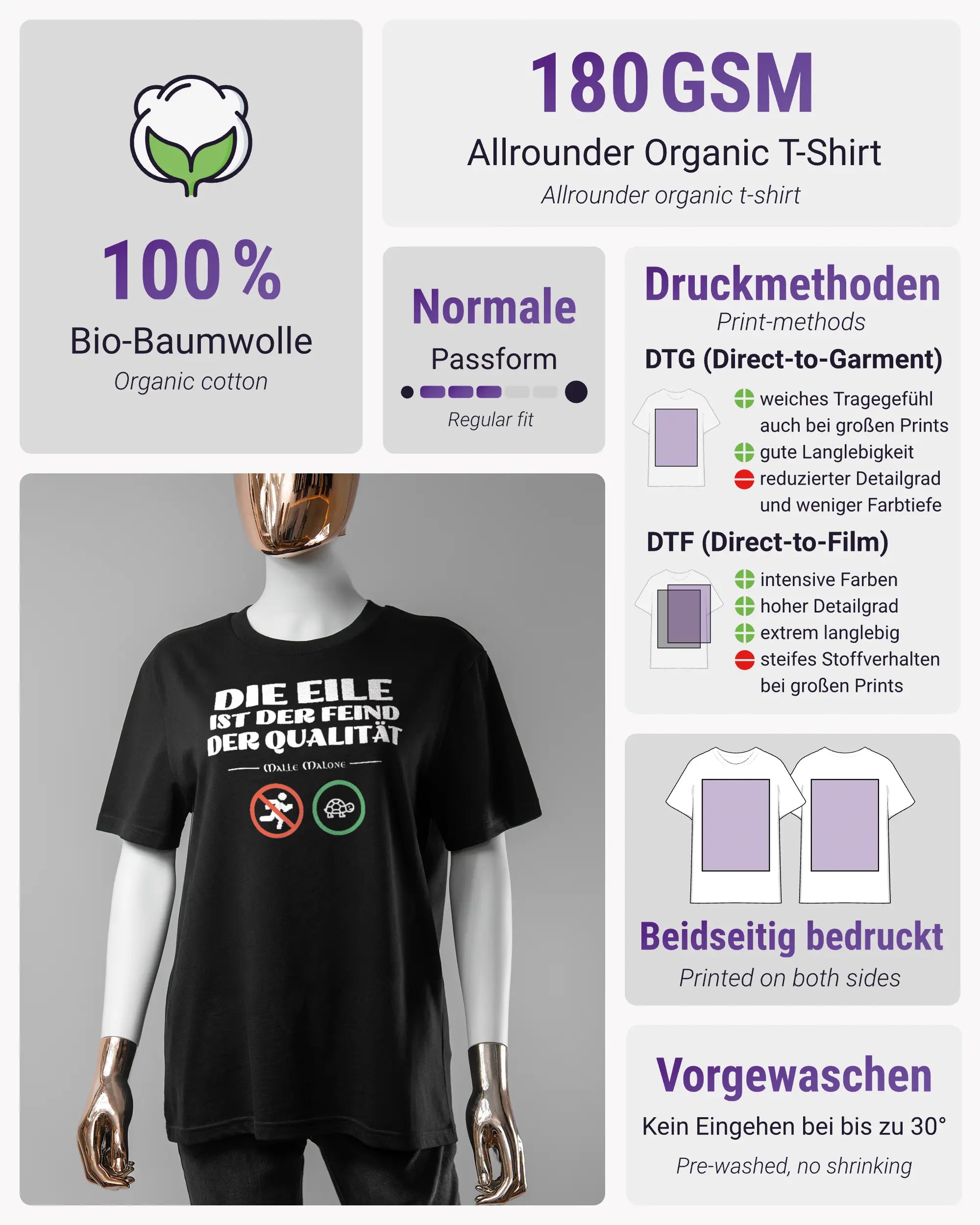 Produktinformationsblatt des Organic Unisex T-Shirt Casual von Maondo mit dem Design Keine Eile vorne in der Farbe Black und in der Größe S