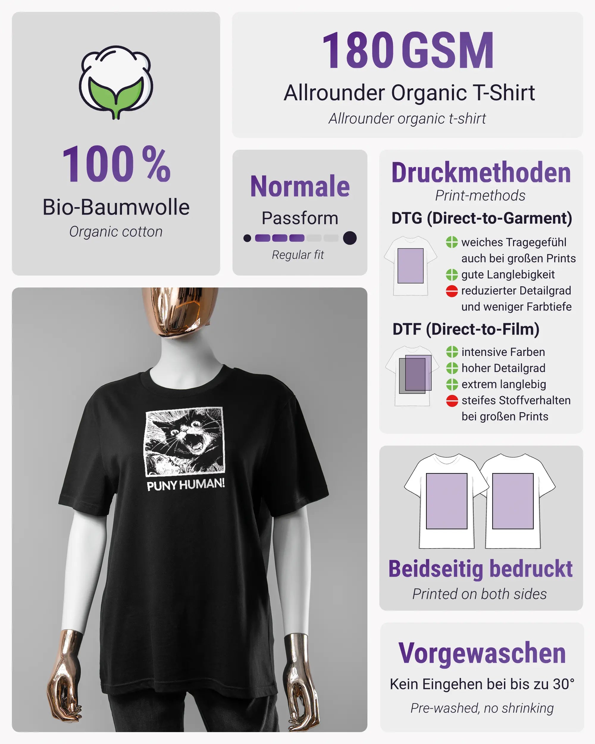 Produktinformationsblatt des Organic Unisex T-Shirt Casual von Maondo mit dem Design Puny Human vorne in der Farbe Black und in der Größe S