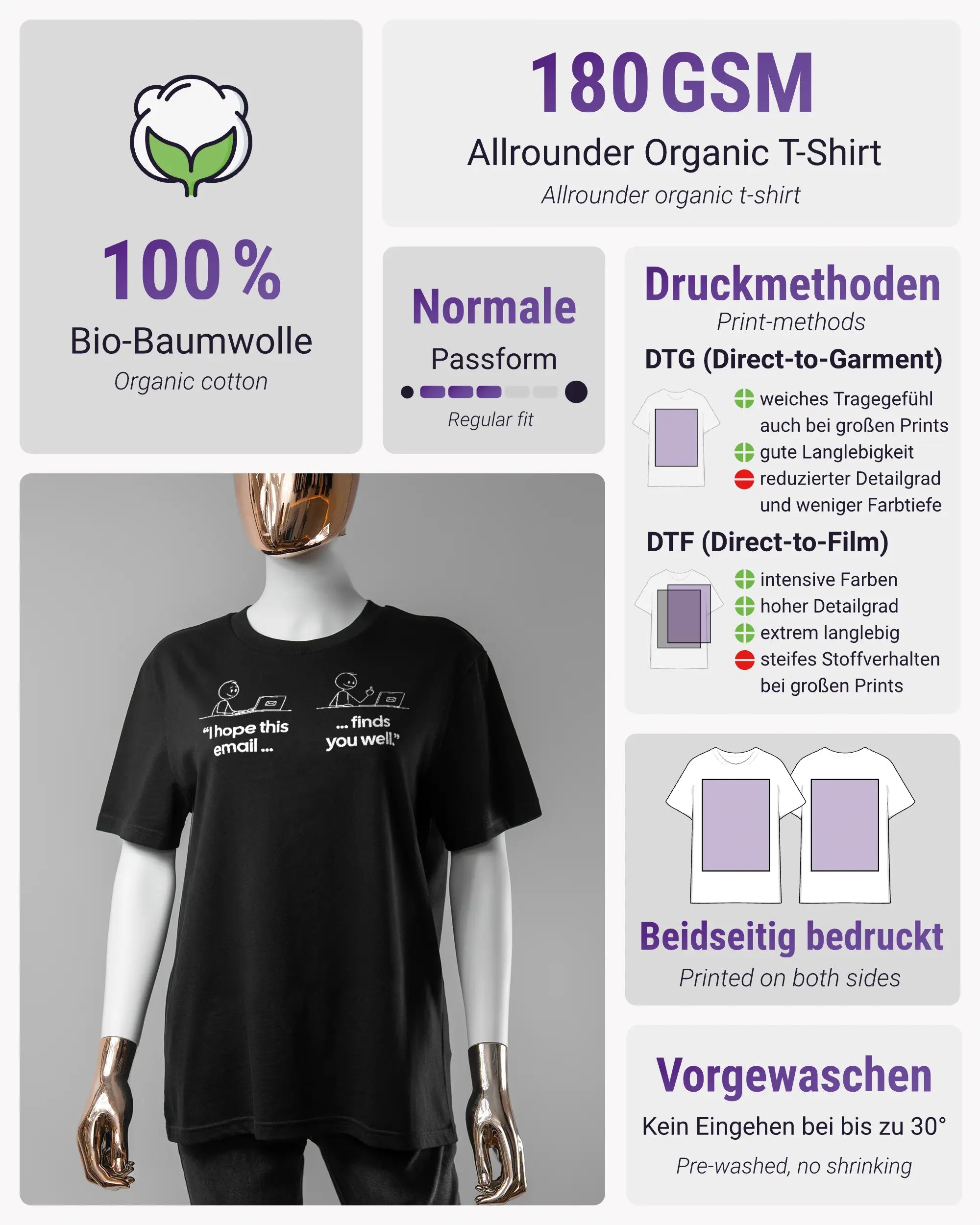Produktinformationsblatt des Organic Unisex T-Shirt Casual von Maondo mit dem Design Found me not well vorne in der Farbe Black und in der Größe S