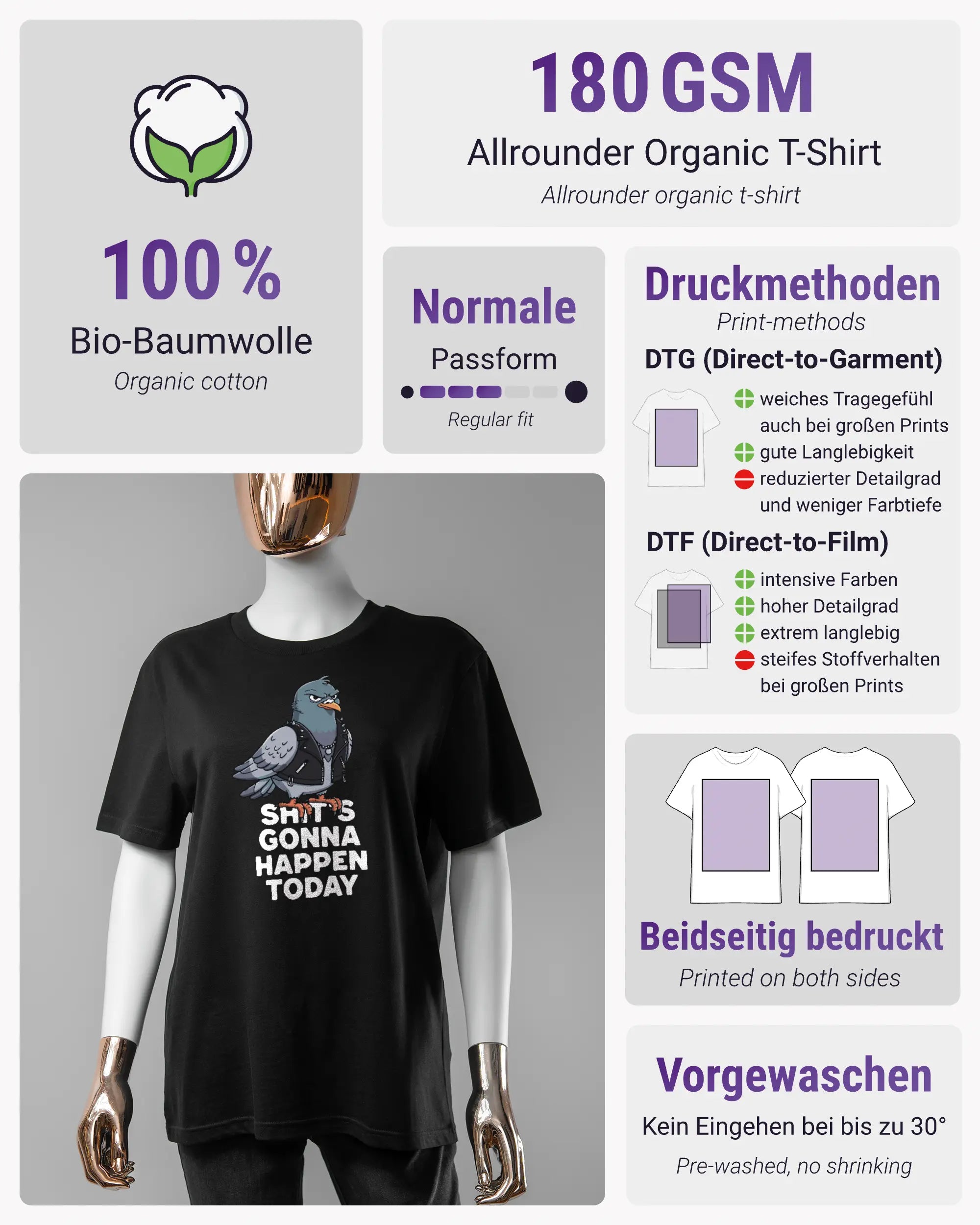 Produktinformationsblatt des Organic Unisex T-Shirt Casual von Maondo mit dem Design Pigeon Pun vorne in der Farbe Black und in der Größe S
