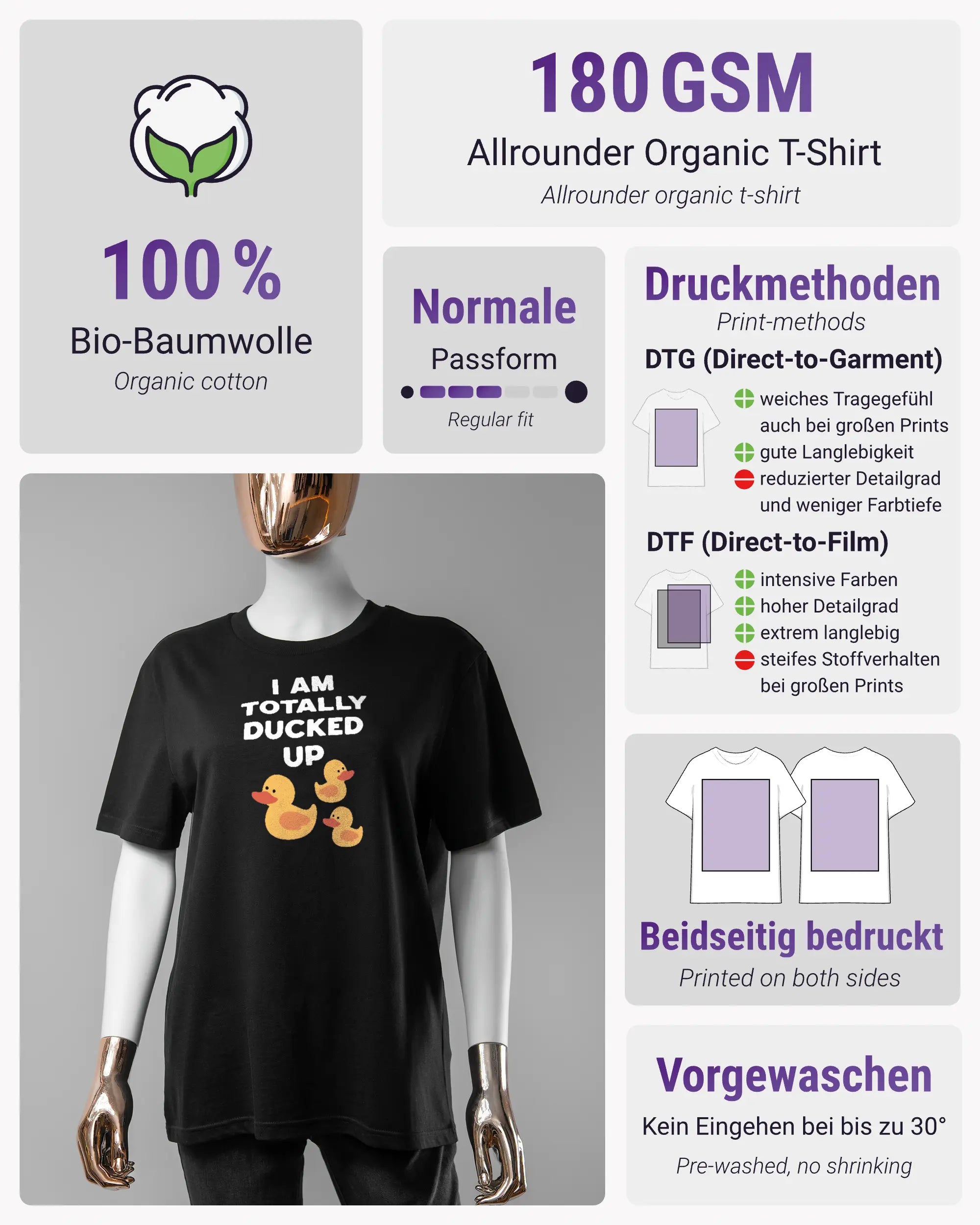 Produktinformationsblatt des Organic Unisex T-Shirt Casual von Maondo mit dem Design Ducked Up vorne in der Farbe Black und in der Größe S