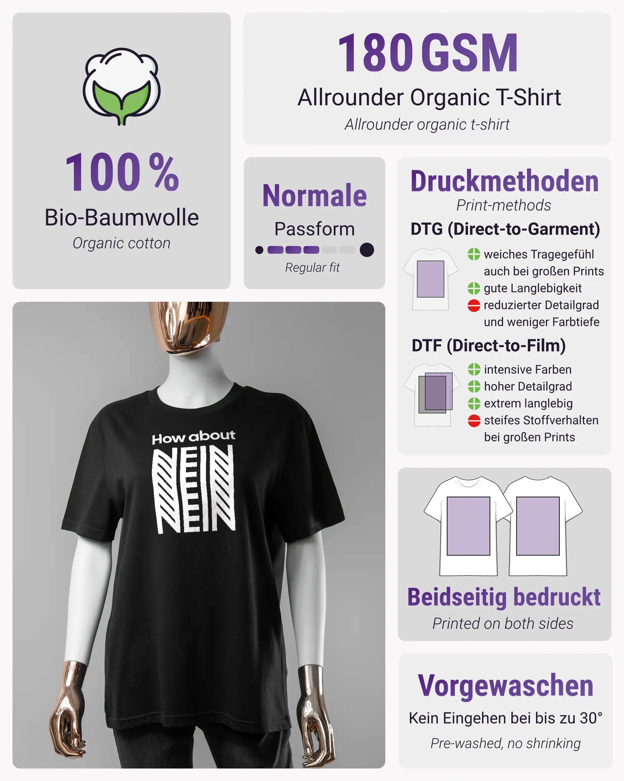 Produktinformationsblatt des Organic Unisex T-Shirt Casual von Maondo mit dem Design How about nein vorne in der Farbe Black und in der Größe S