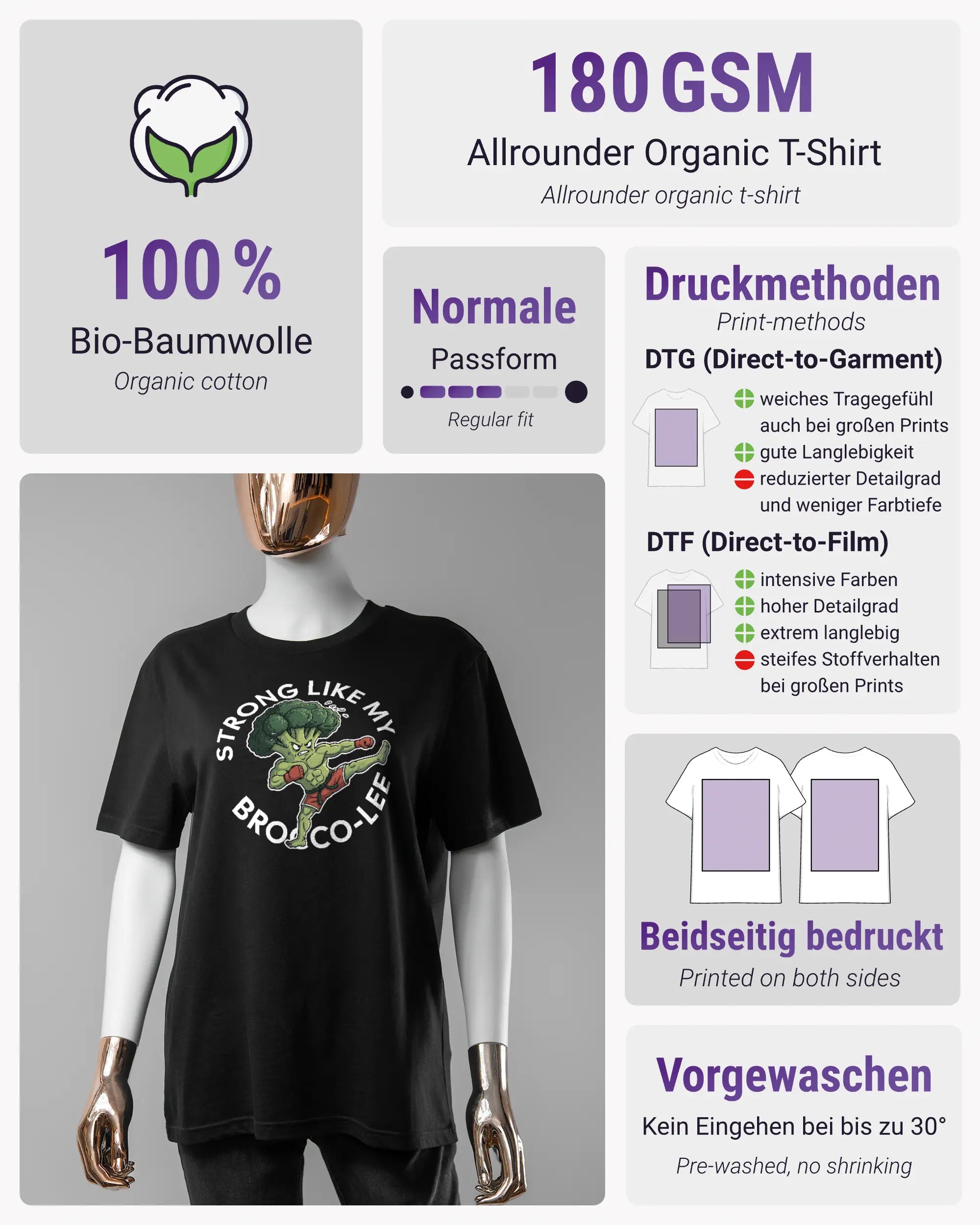 Produktinformationsblatt des Organic Unisex T-Shirt Casual von Maondo mit dem Design Brocco-Lee vorne in der Farbe Black und in der Größe S