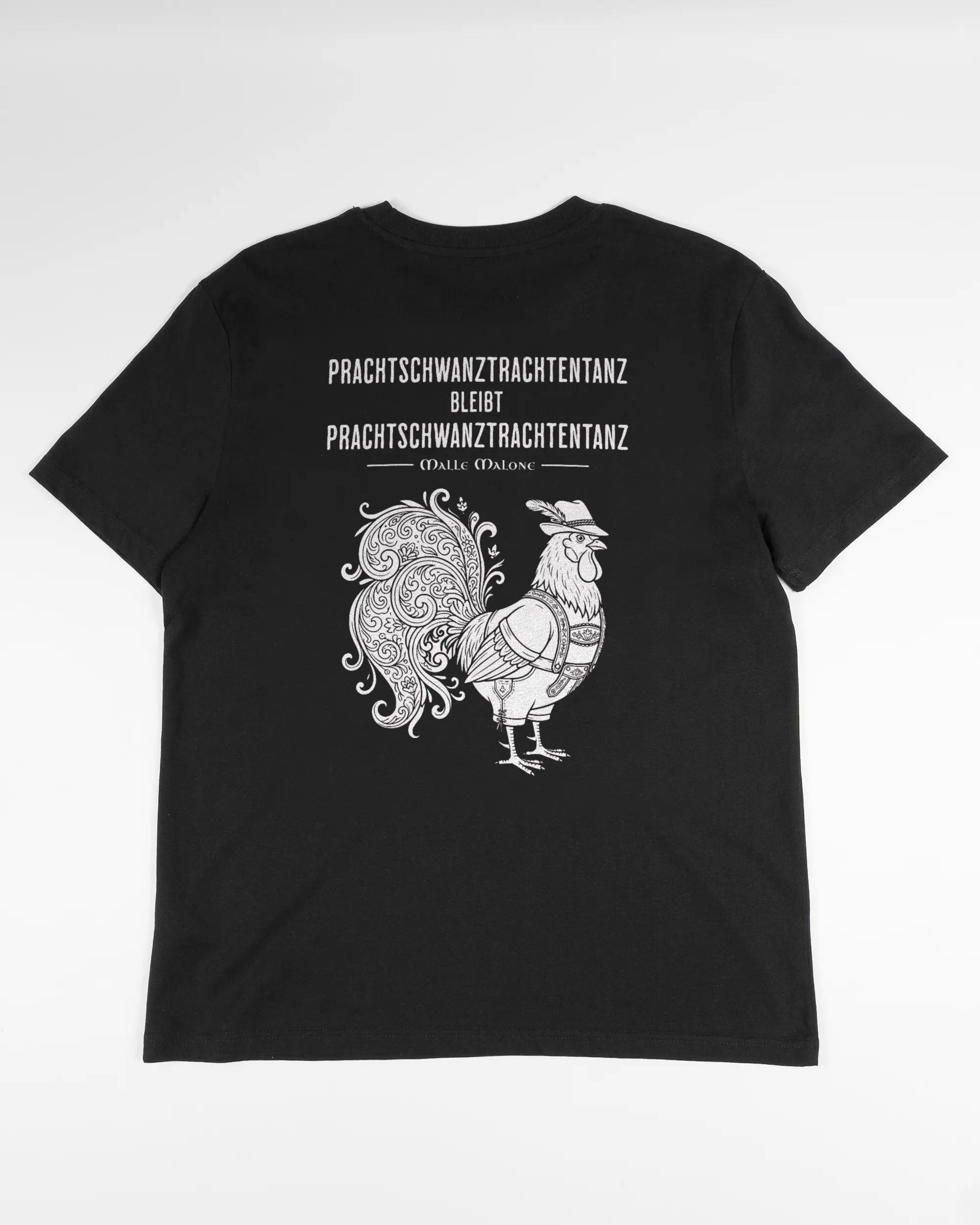Rückseite des Organic Unisex T-Shirt Casual von Maondo mit dem Design Trachtentanz in der Farbe Black und in der Größe S flach auf den Boden gelegt