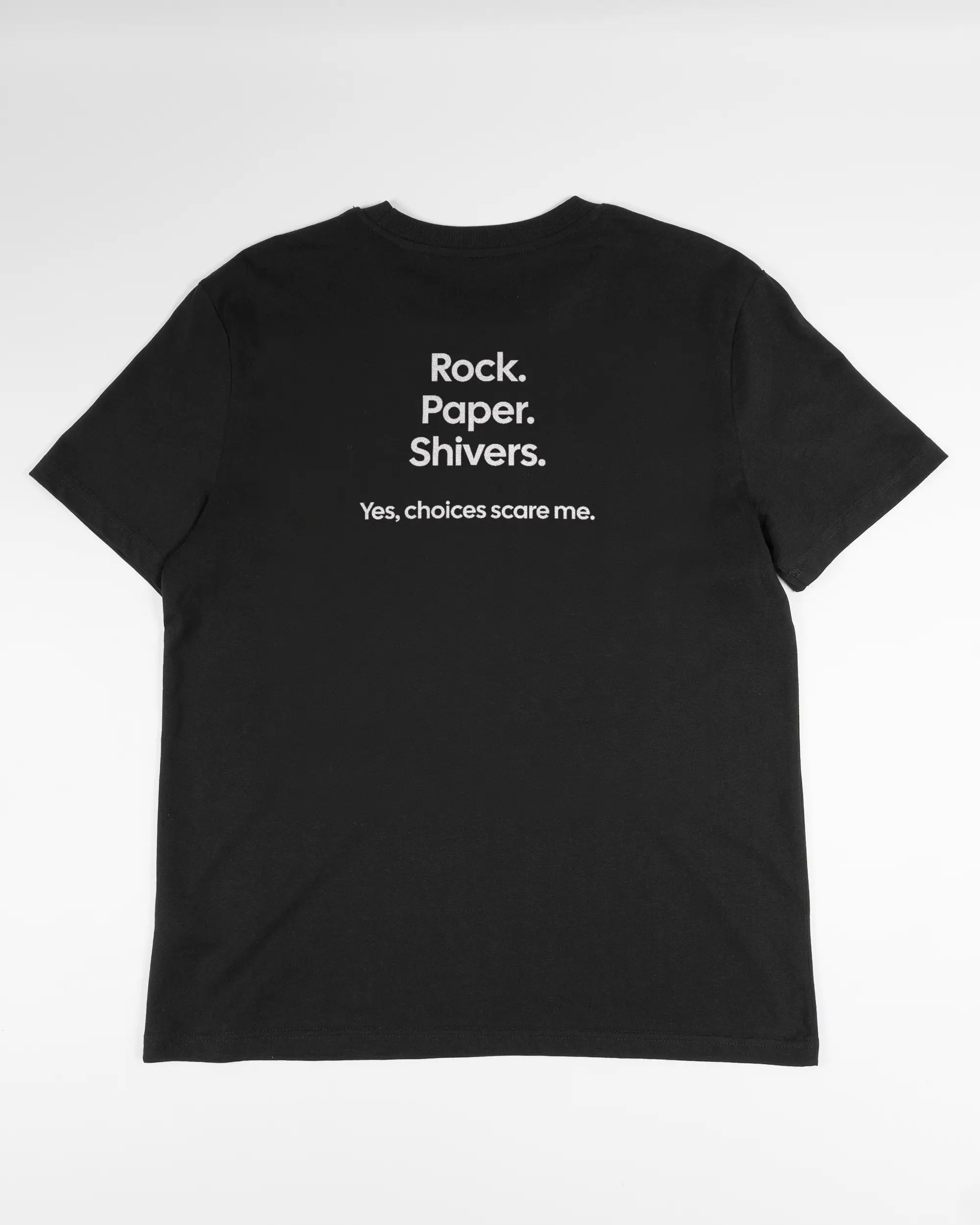 Rückseite des Organic Unisex T-Shirt Casual von Maondo mit dem Design Rock Paper Shivers in der Farbe Black und in der Größe S flach auf den Boden gelegt