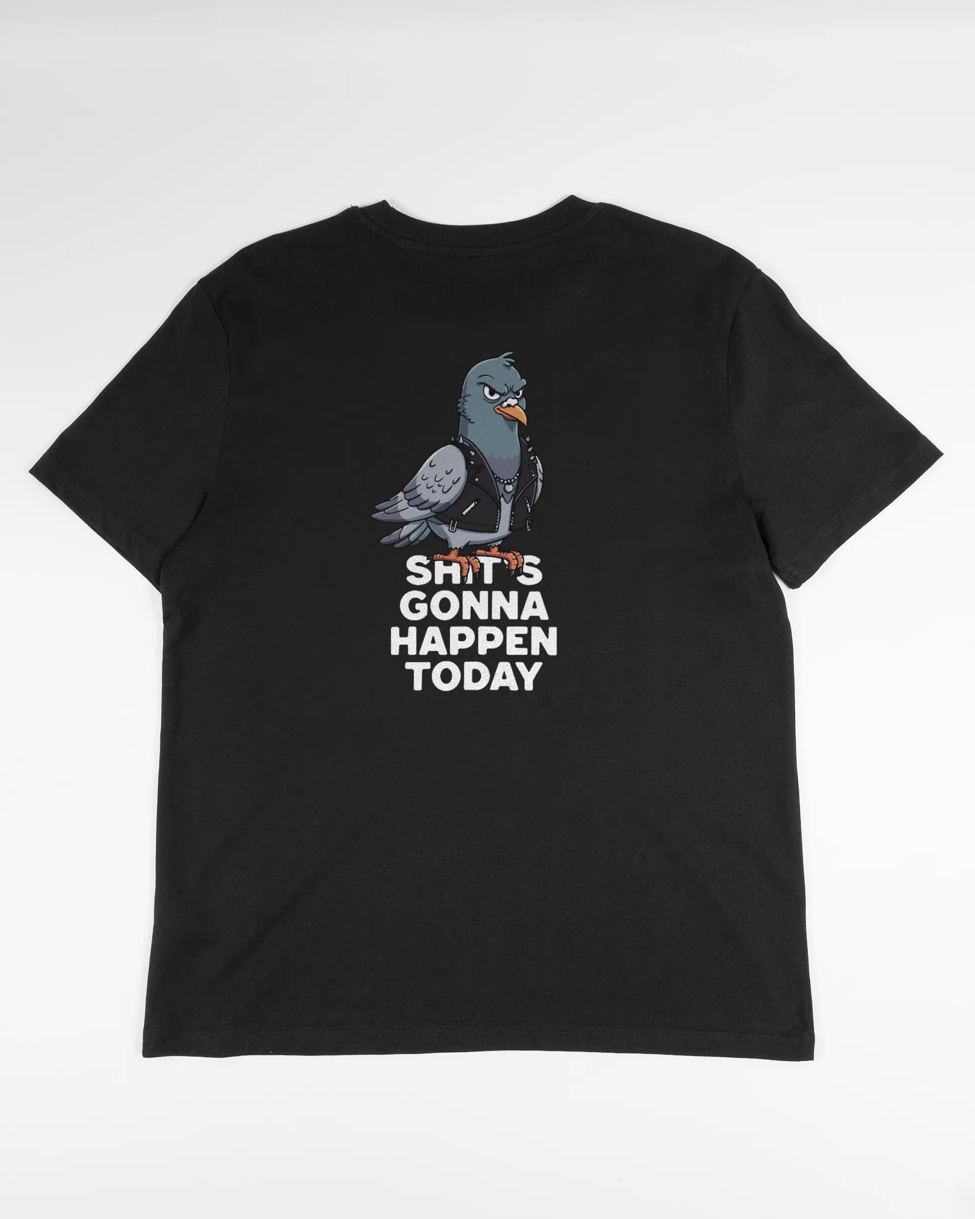 Rückseite des Organic Unisex T-Shirt Casual von Maondo mit dem Design Pigeon Pun in der Farbe Black und in der Größe S flach auf den Boden gelegt