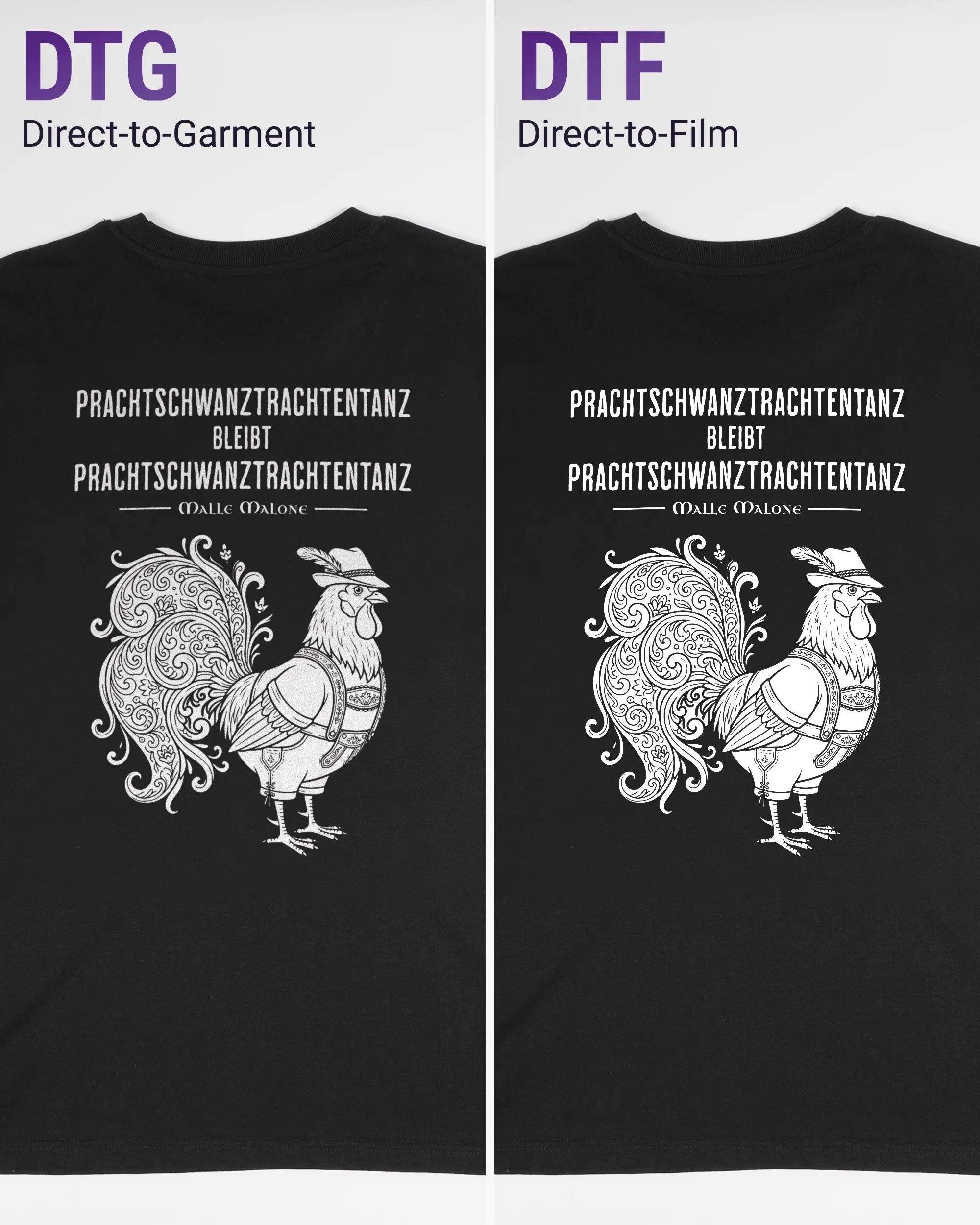 Vergleich der Rückseiten des Organic Unisex T-Shirt Casual von Maondo mit dem Design Trachtentanz in der Farbe Black und in der Größe S links mit dem Direct-to-Garment und rechts mit dem Direct-to-Film Verfahren