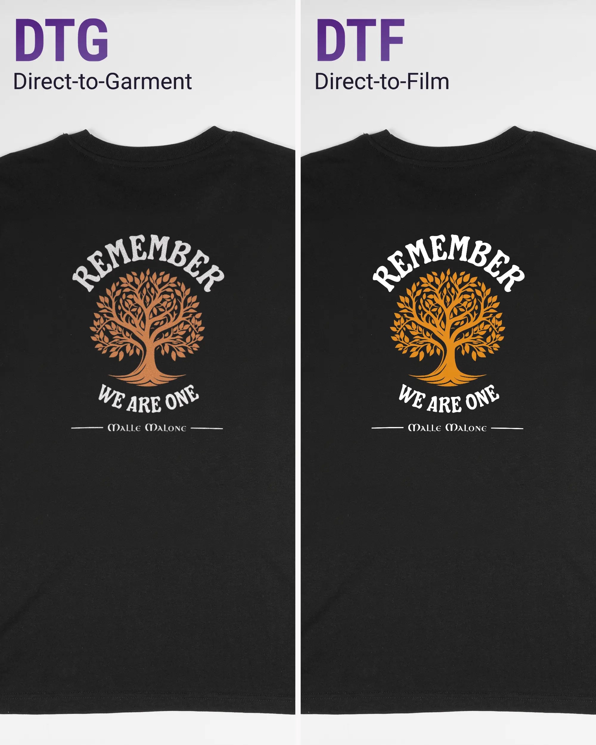 Vergleich der Rückseiten des Organic Unisex T-Shirt Casual von Maondo mit dem Design We are one in der Farbe Black und in der Größe S links mit dem Direct-to-Garment und rechts mit dem Direct-to-Film Verfahren