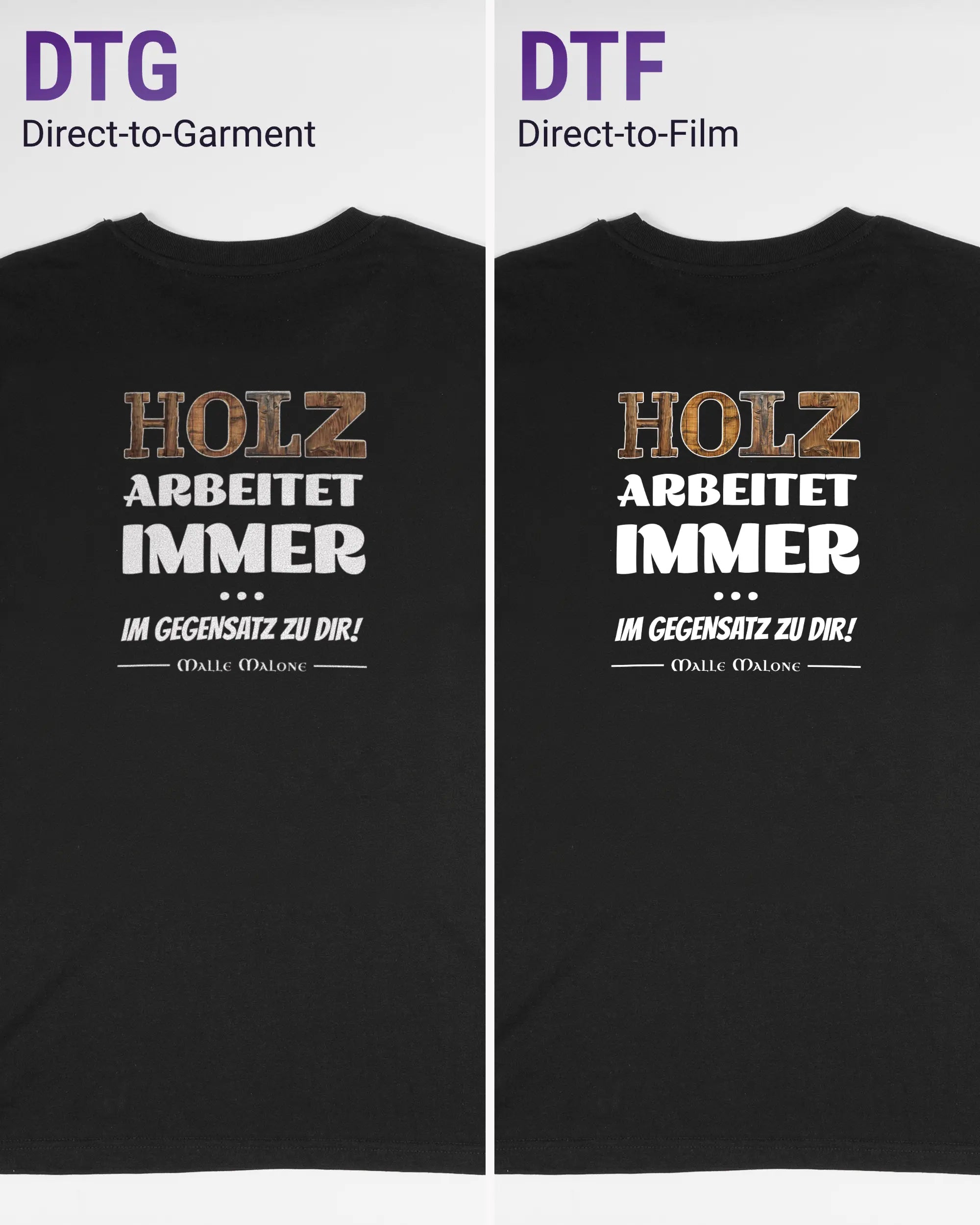 Vergleich der Rückseiten des Organic Unisex T-Shirt Casual von Maondo mit dem Design Holzarbeit in der Farbe Black und in der Größe S links mit dem Direct-to-Garment und rechts mit dem Direct-to-Film Verfahren