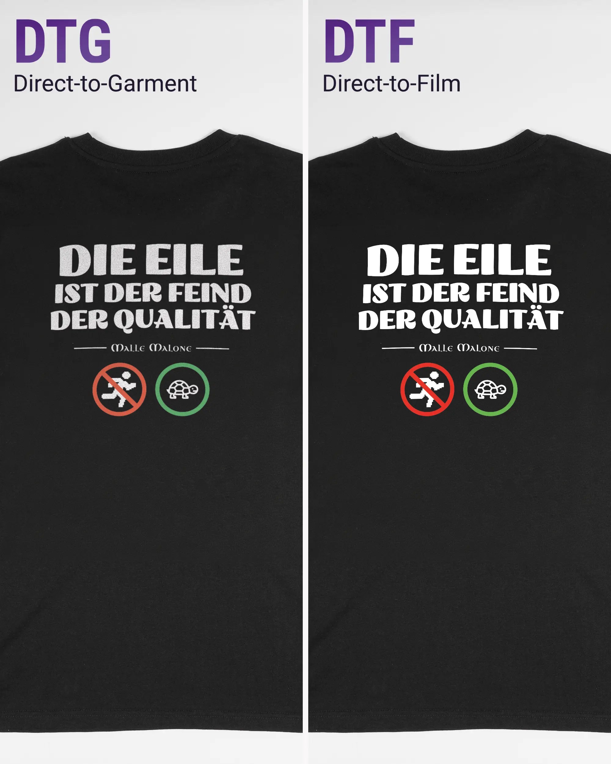 Vergleich der Rückseiten des Organic Unisex T-Shirt Casual von Maondo mit dem Design Keine Eile in der Farbe Black und in der Größe S links mit dem Direct-to-Garment und rechts mit dem Direct-to-Film Verfahren