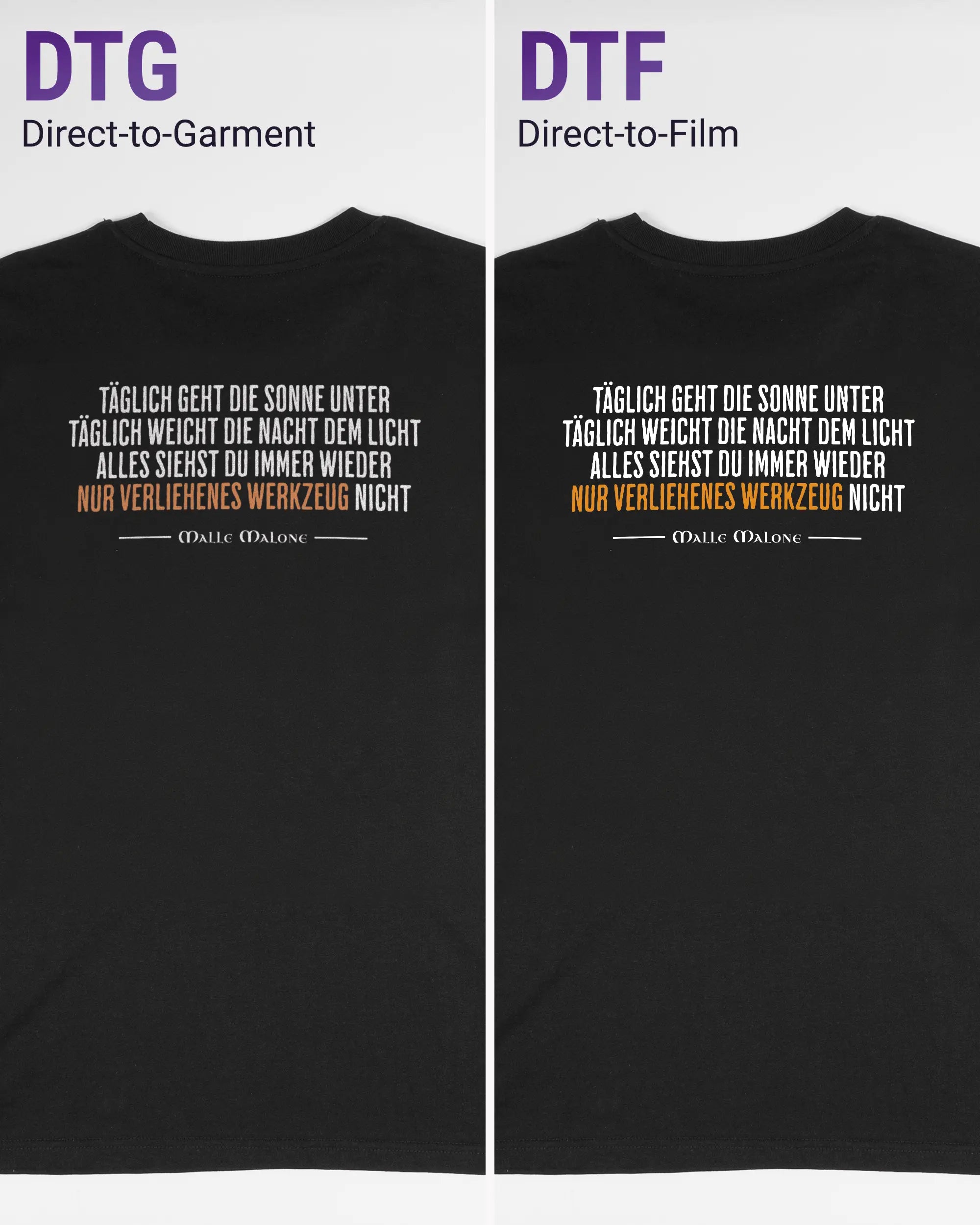 Vergleich der Rückseiten des Organic Unisex T-Shirt Casual von Maondo mit dem Design Wegzeug in der Farbe Black und in der Größe S links mit dem Direct-to-Garment und rechts mit dem Direct-to-Film Verfahren